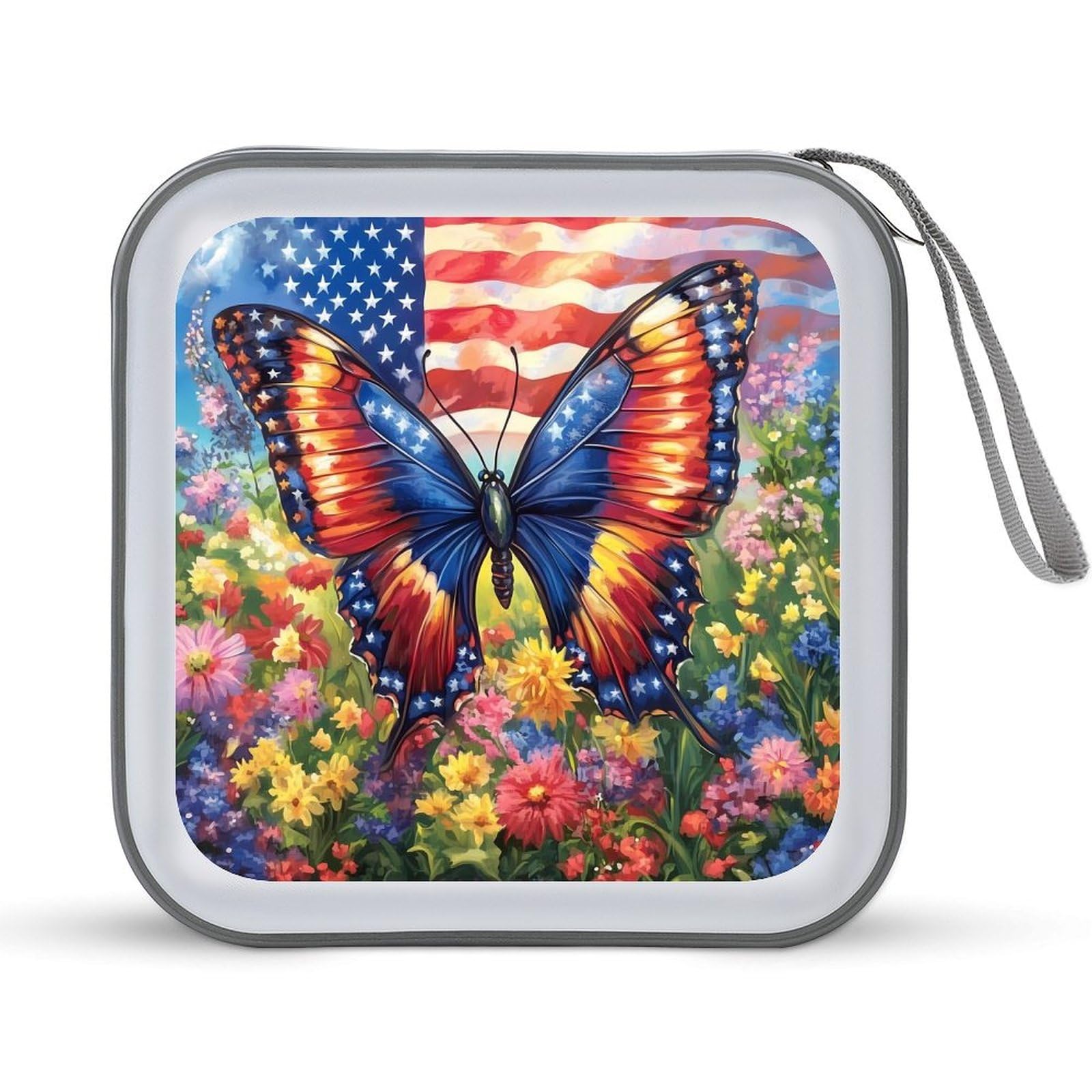U.S Flag Butterfly Flower CD Case Plastic DVD Case Holder Wallet Disc Storage Organizer for Car Travel