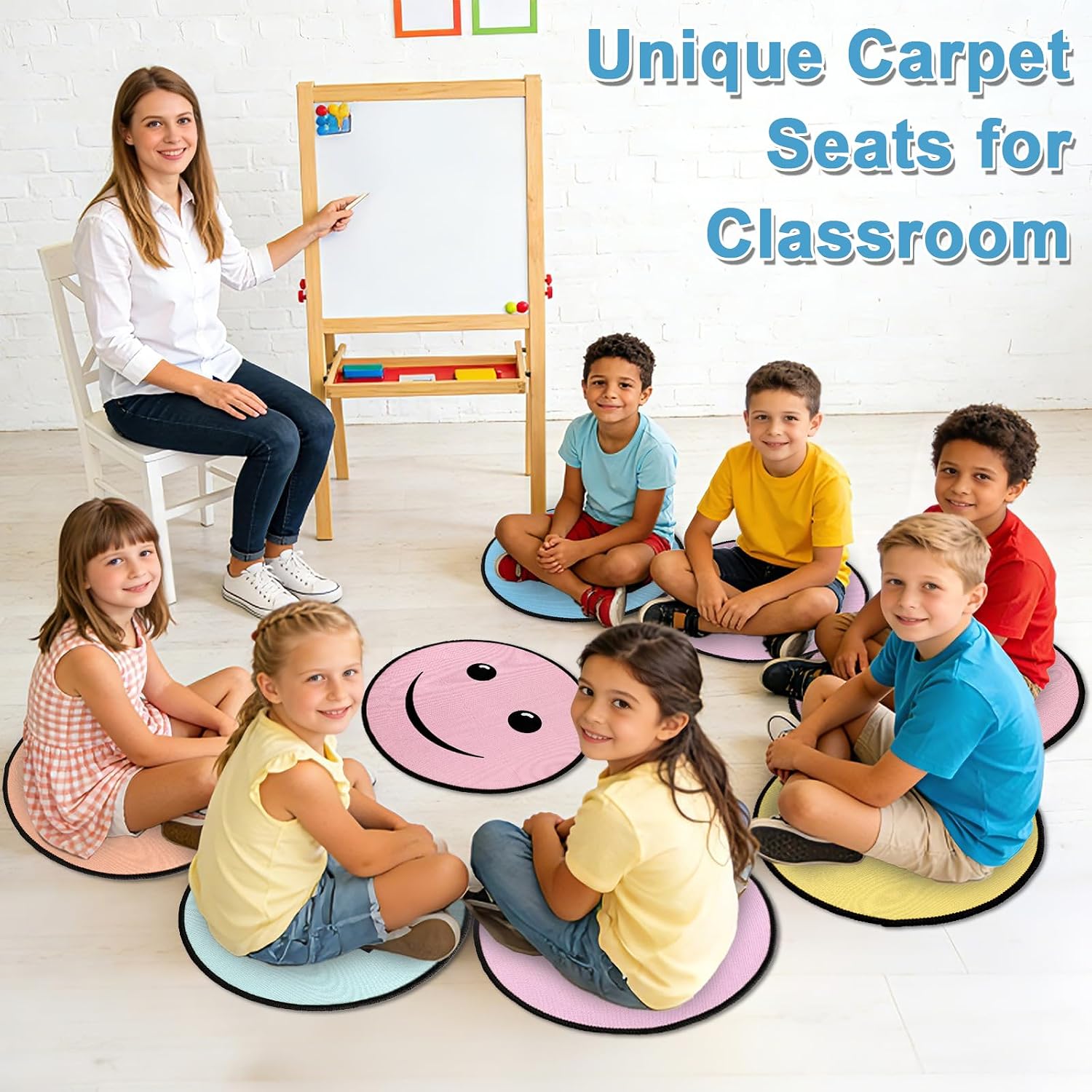 12pcs Smile Face Carpet Circle Seats for Classroom 16 Inch Pastel Educational Classroom Rug Smile Round Floor Mat Educational Non Slip Cushion Decor for Preschool Kindergarten Learning Playing Areas