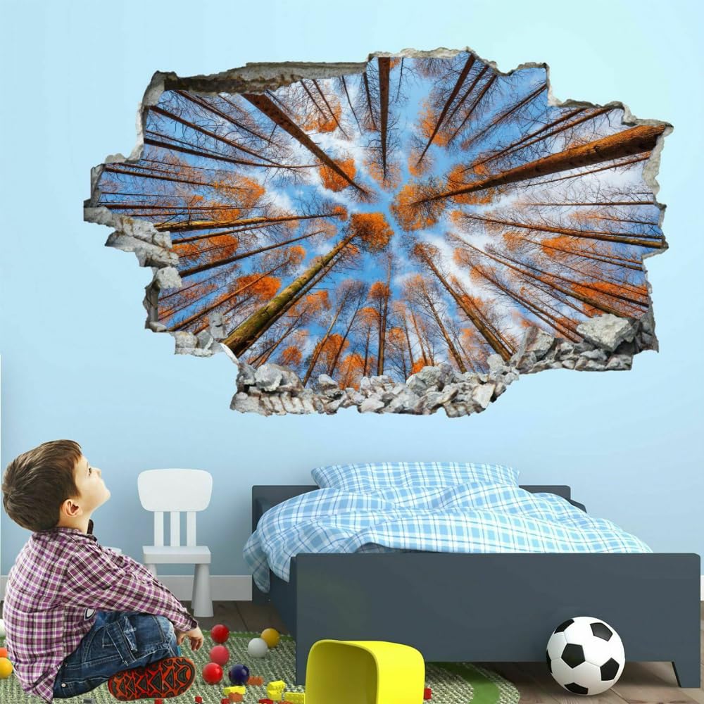 Pegatinas De Pared Rota 3D Árbol Del Bosque Arte Mural De La Pared Cielo Calcomanía De Pared De Fondo De Sala De Estar Para Dormitorio Infantil, Decoración Del Hogar Extraíble