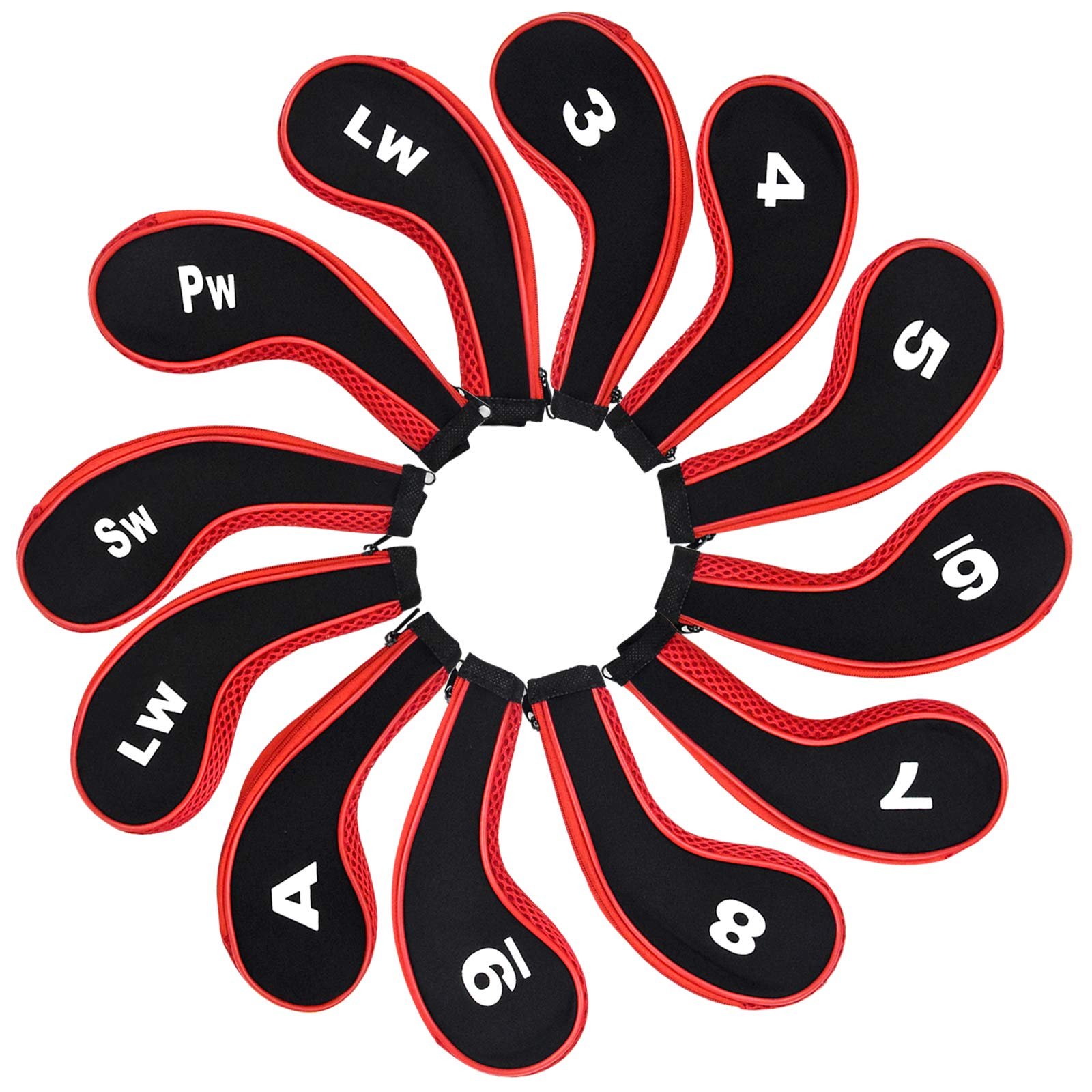 Fundas de Hierro para Palos de Golf 12 Piezas Números 3-9 A/SW/PW Cremallera Cuello Largo Rojo