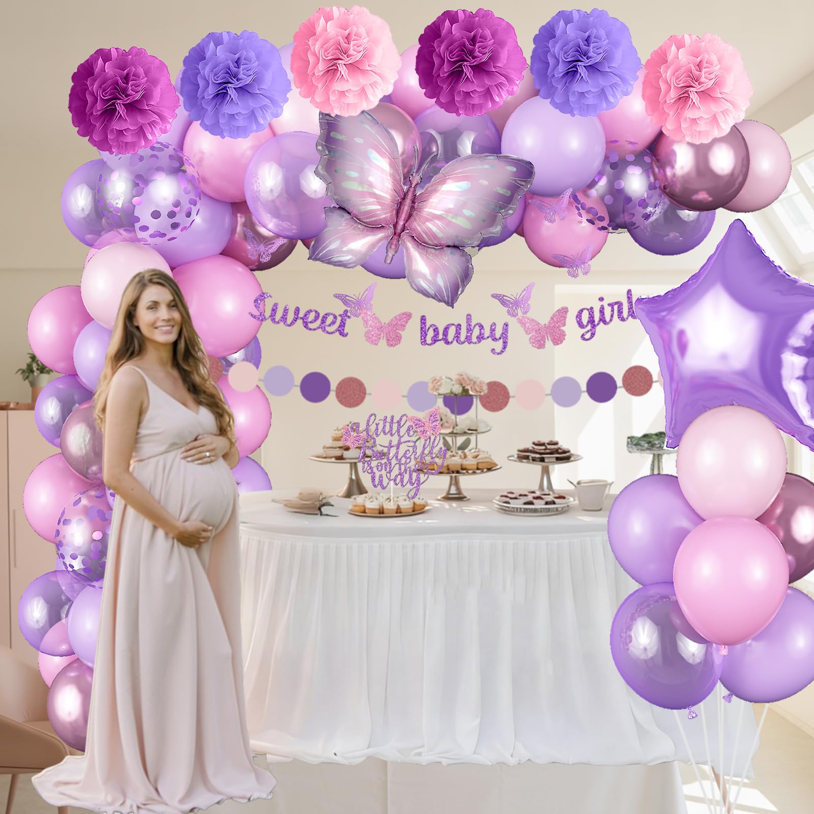 Butterfly Baby Shower Decorations for Girl Sweet Baby Girl Banner with Pearl Pastel Purple Light Pink Latex Foil Balloons Cake Topper Pom Poms for A Little Butterfly Is On The Way Decoration Supplies - Image 3