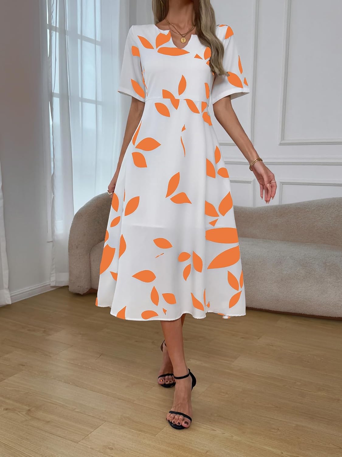 Women's Summer Midi Dress Short Sleeve Sweetheart Neck Leaf Print Loose Dress with Pockets - Image 4