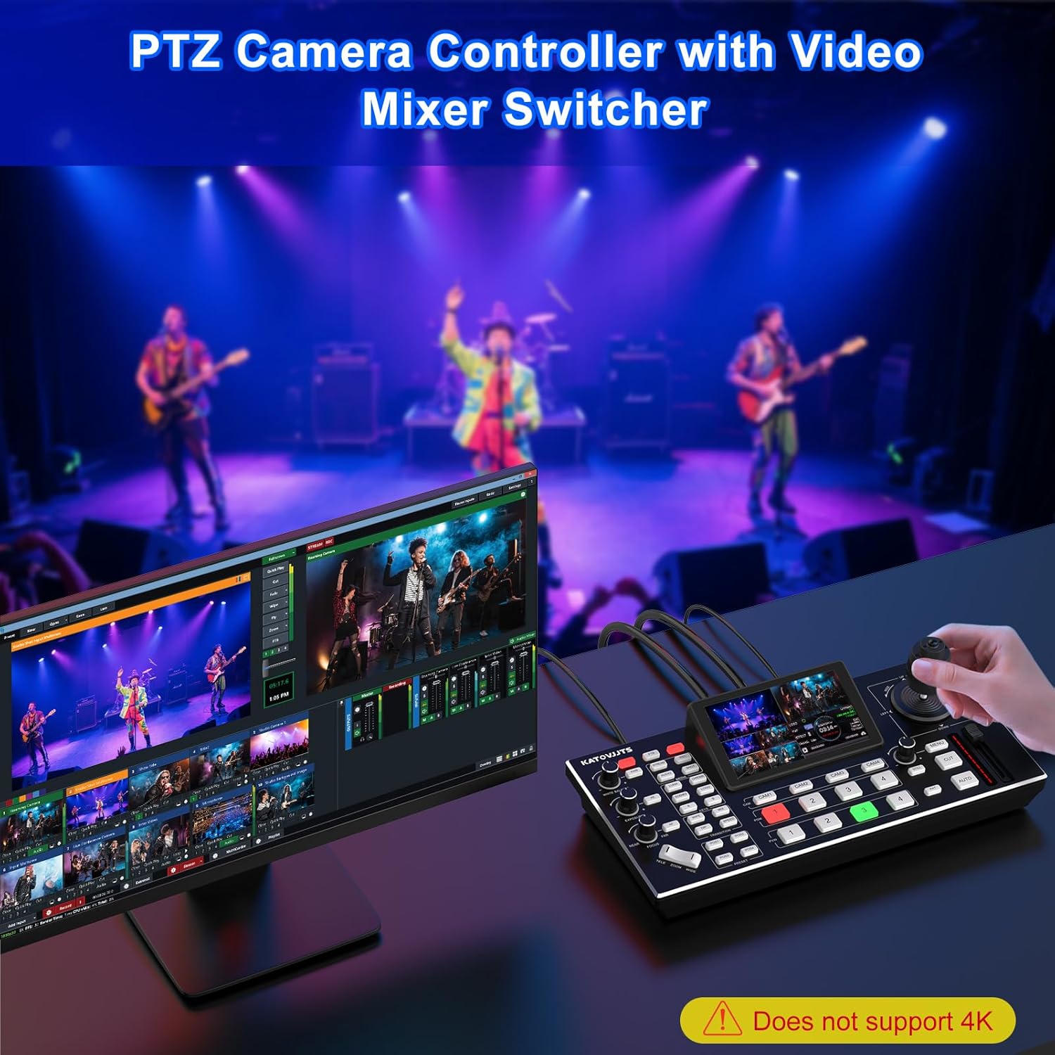 Video Mixer Switcher with PTZ Camera Controller, 5.5" LCD Screen Preview, 4-Channel HDMI Live Streaming Switcher with 4D Joystick, 1080p 60FPS Video Recording (Does not Support 4K)
