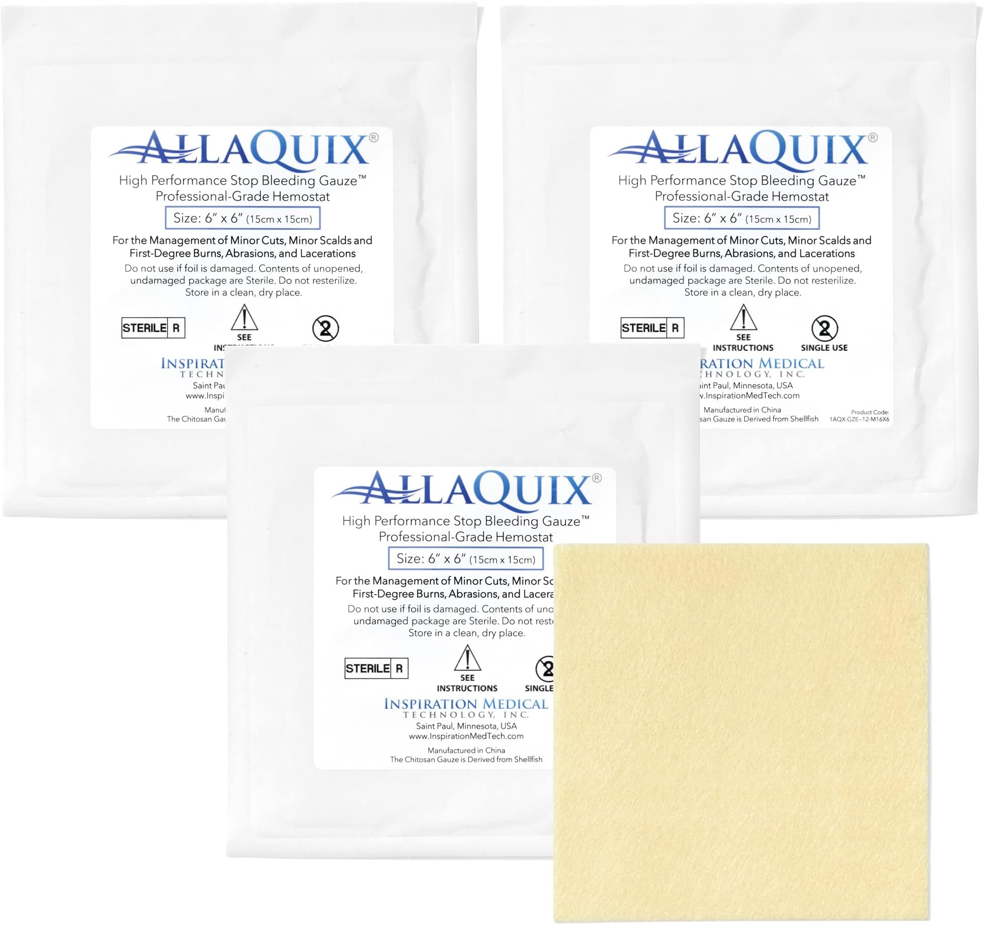 High Performance Stop Bleeding Gauze Pads – 3-Pack (6"x6") | Hemostatic Wound Dressing for Cuts & First Aid Kits | Sterile, Drug-Free, Fast Clotting Pads