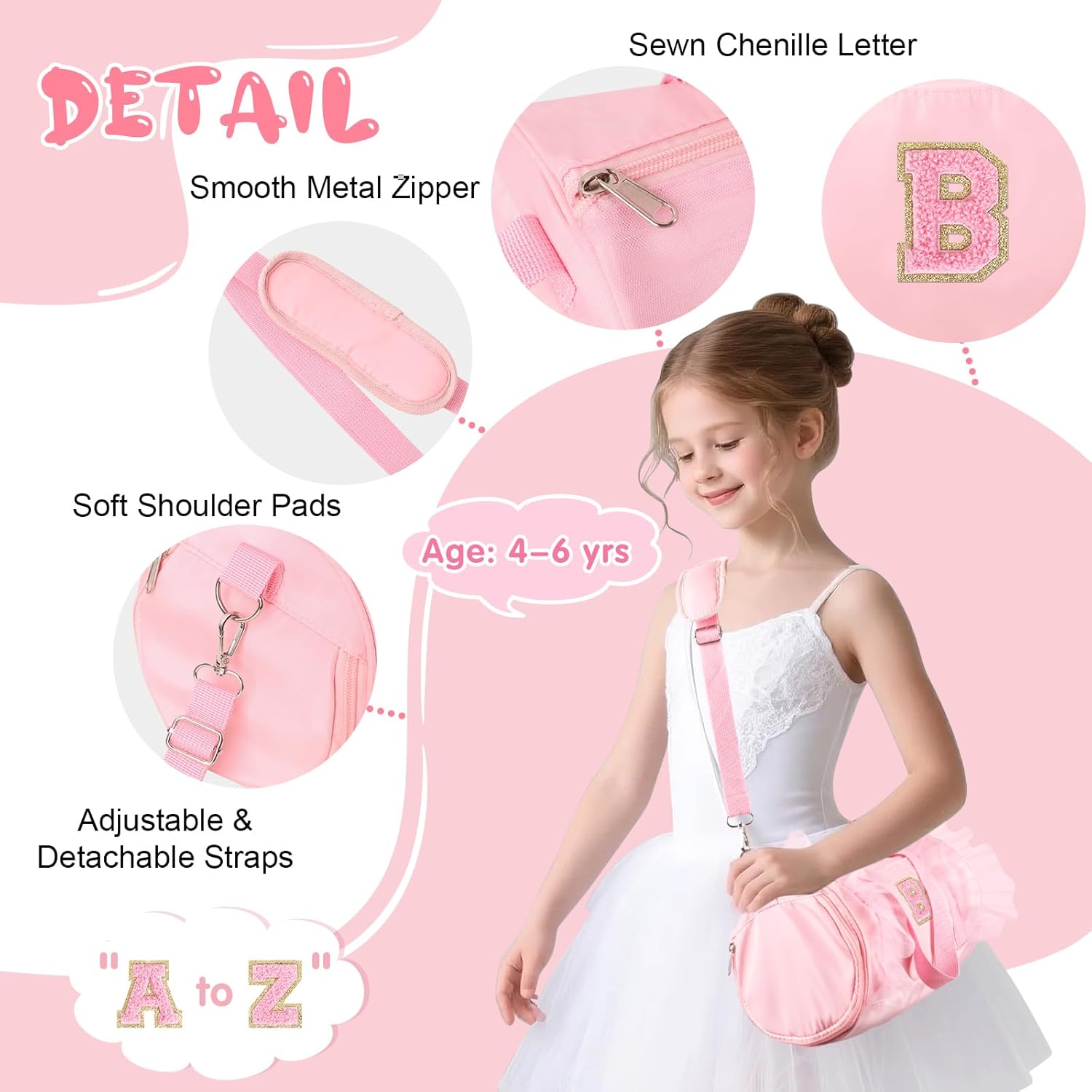 Personalized Initial Dance Bag for Girls 4-6, Small Lace Gym Sport Yoga Cheer Dance Bags Gift for Teen Girls, Cute Letter Kids Ballet Bag Toddler Travel Duffel Tote with Adjustable Straps(Pink-B)