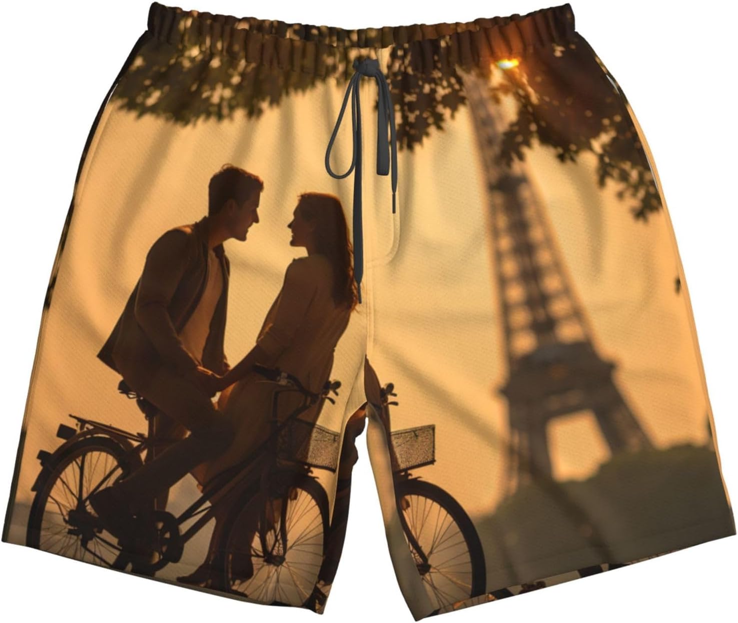Mens Romantic Paris Eiffel Tower Bycicle Print Beach Shorts,Casual Summer Shorts for Men,Quick Dry Polyester