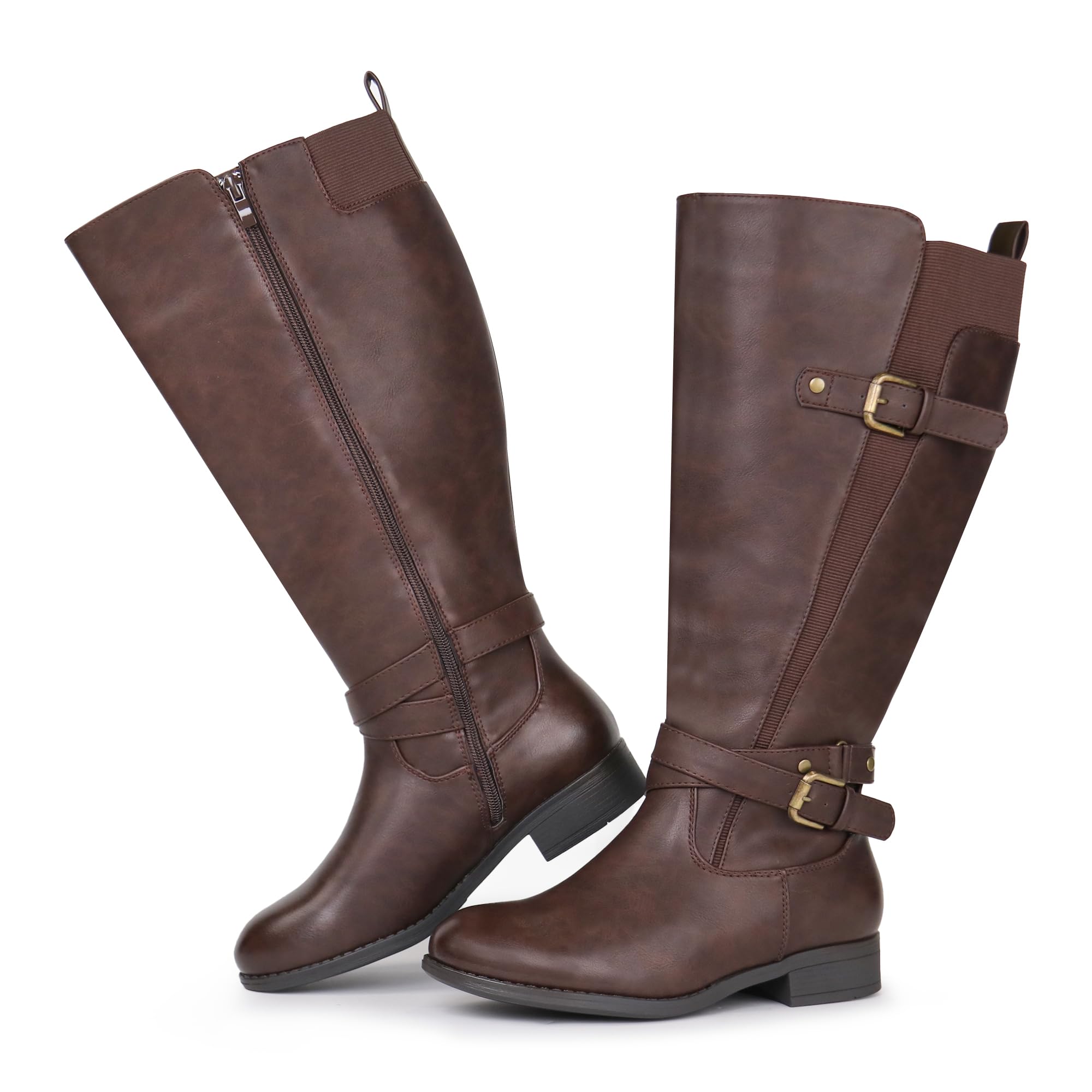 Botas de equitación para mujer, de caña ancha, tacón bajo, con correa al tobillo, diseño delgado