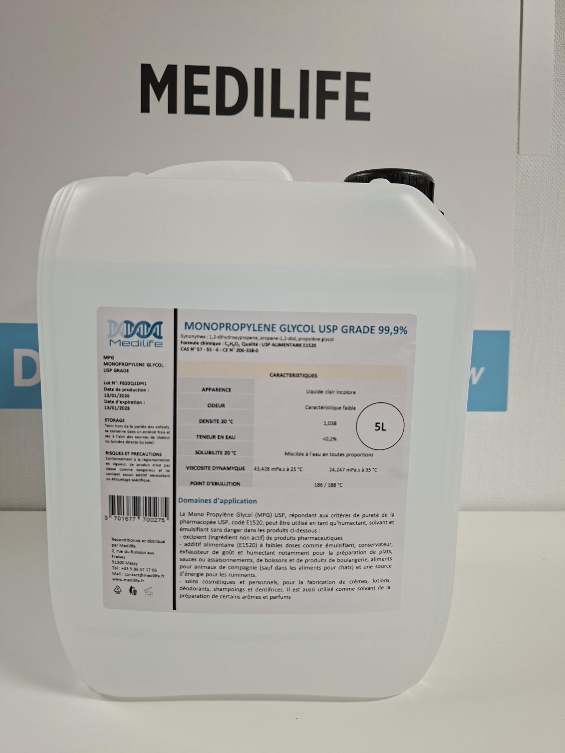 5 kg Mono Propylène Glycol (MPG) USP Alimentaire Grade 99.98%