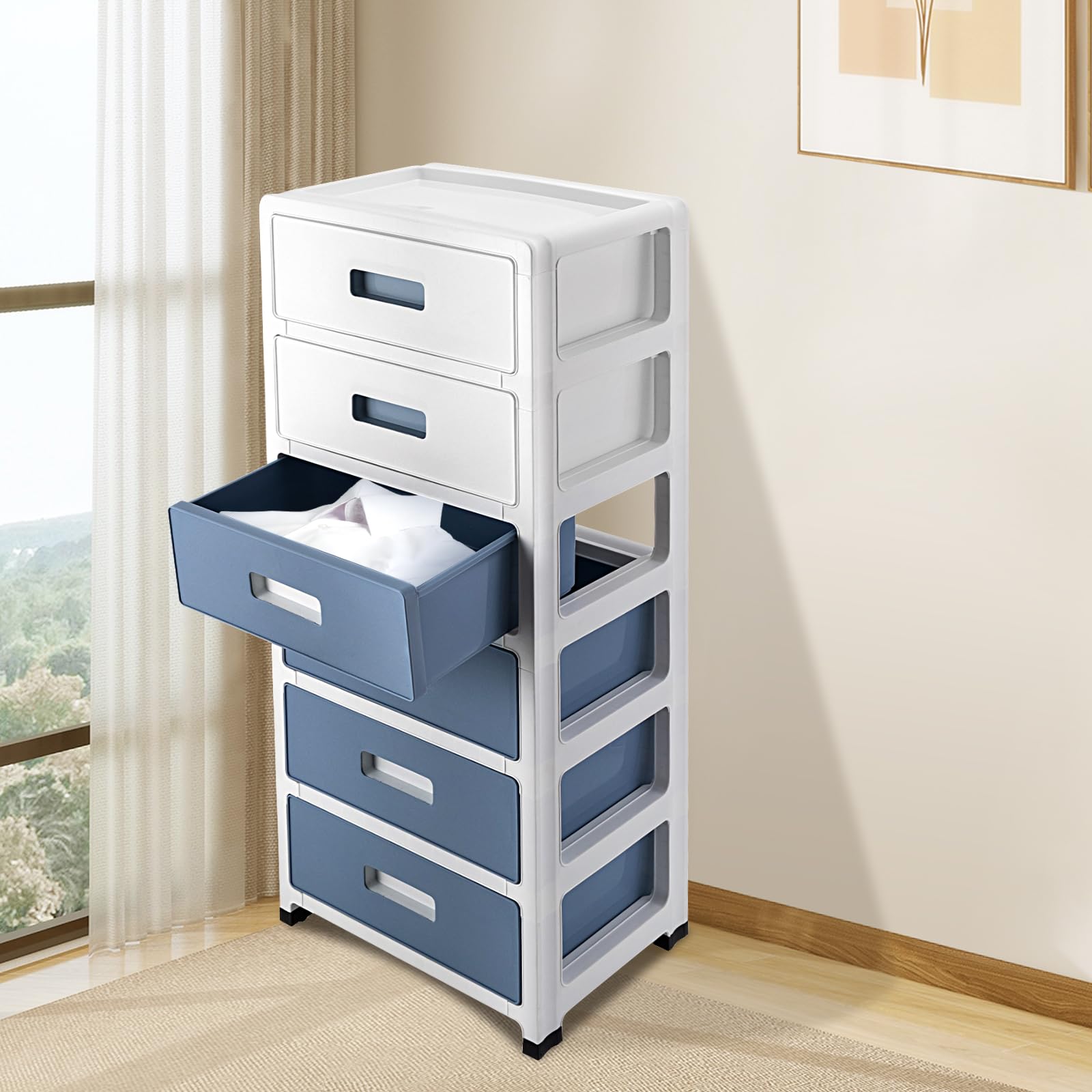 Schubladenschrank 6 Schubladen 35cm Breite|Plastik Aufbewahrungsbox mit Rollen & Griffen|Stapelbarer Organizer für Büro/Kosmetik|PP Material BPA-frei|Abnehmbare Schubladen|Weiß & Blau Küche, Haushalt & Wohnen