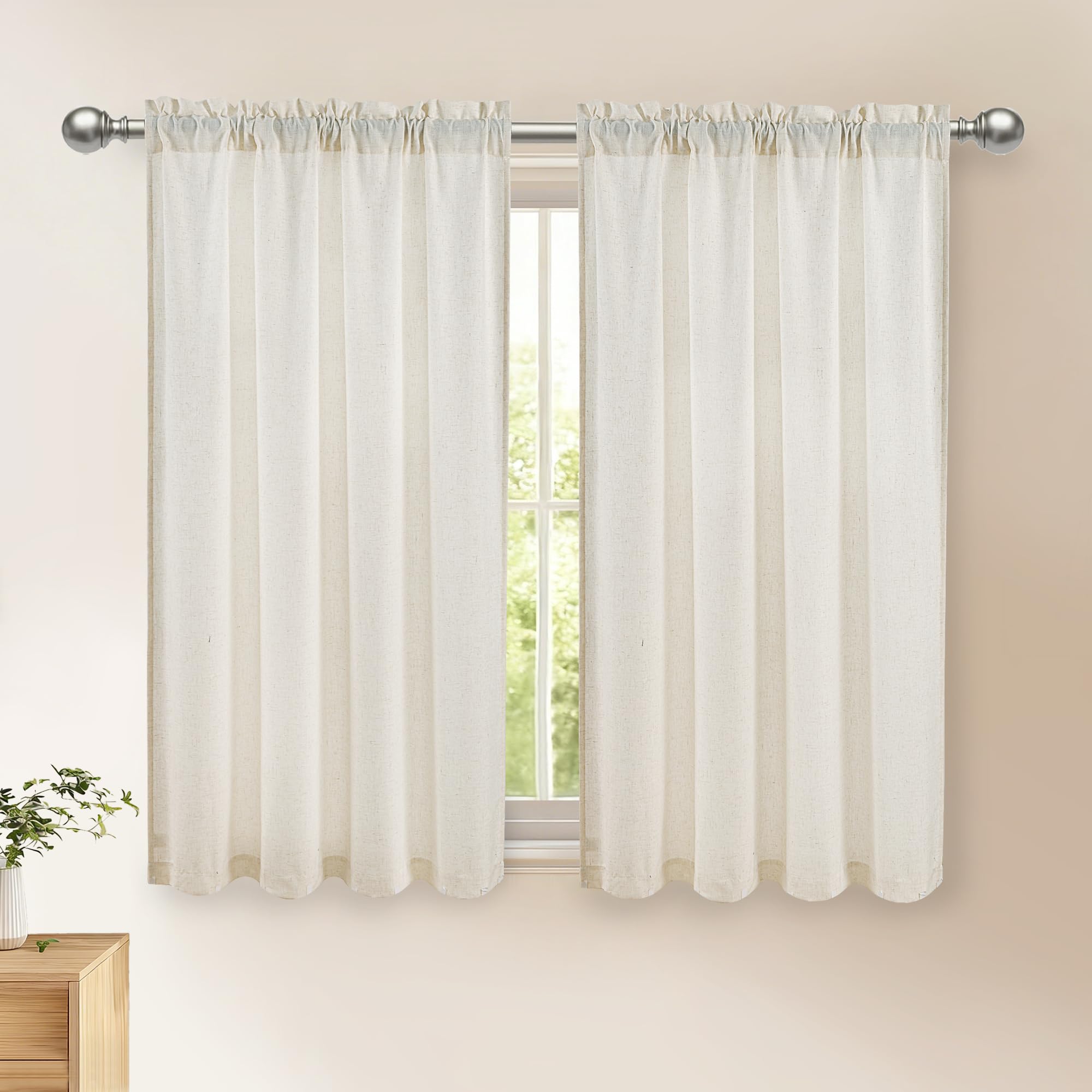 DWCN Short Kitchen Curtains 45 Inch Drop, Short Cupboard Curtain Tiers, Cafe Curtains Rod Pocket, Small Window Drapes for Basement, Half Window, W26 x L45, 2 Panels, Natural