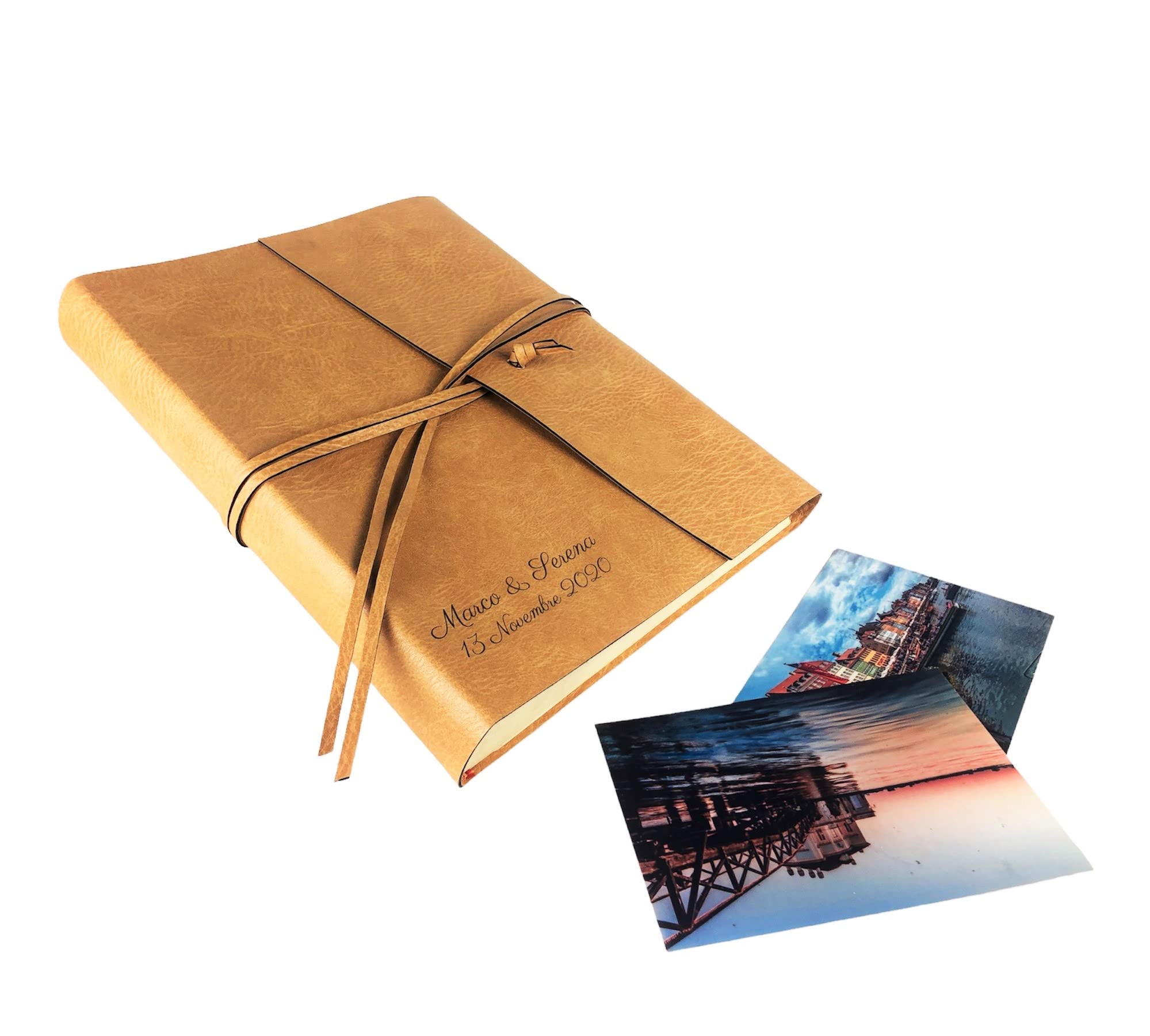 TriVin Art -Double Bott- Handgefertigtes Fotoalbum, hergestellt in Italien, aus feinem Kunstleder, personalisierbar mit Gravur. Ideal für jede Veranstaltung (Honig/Honig - mit Gravur)