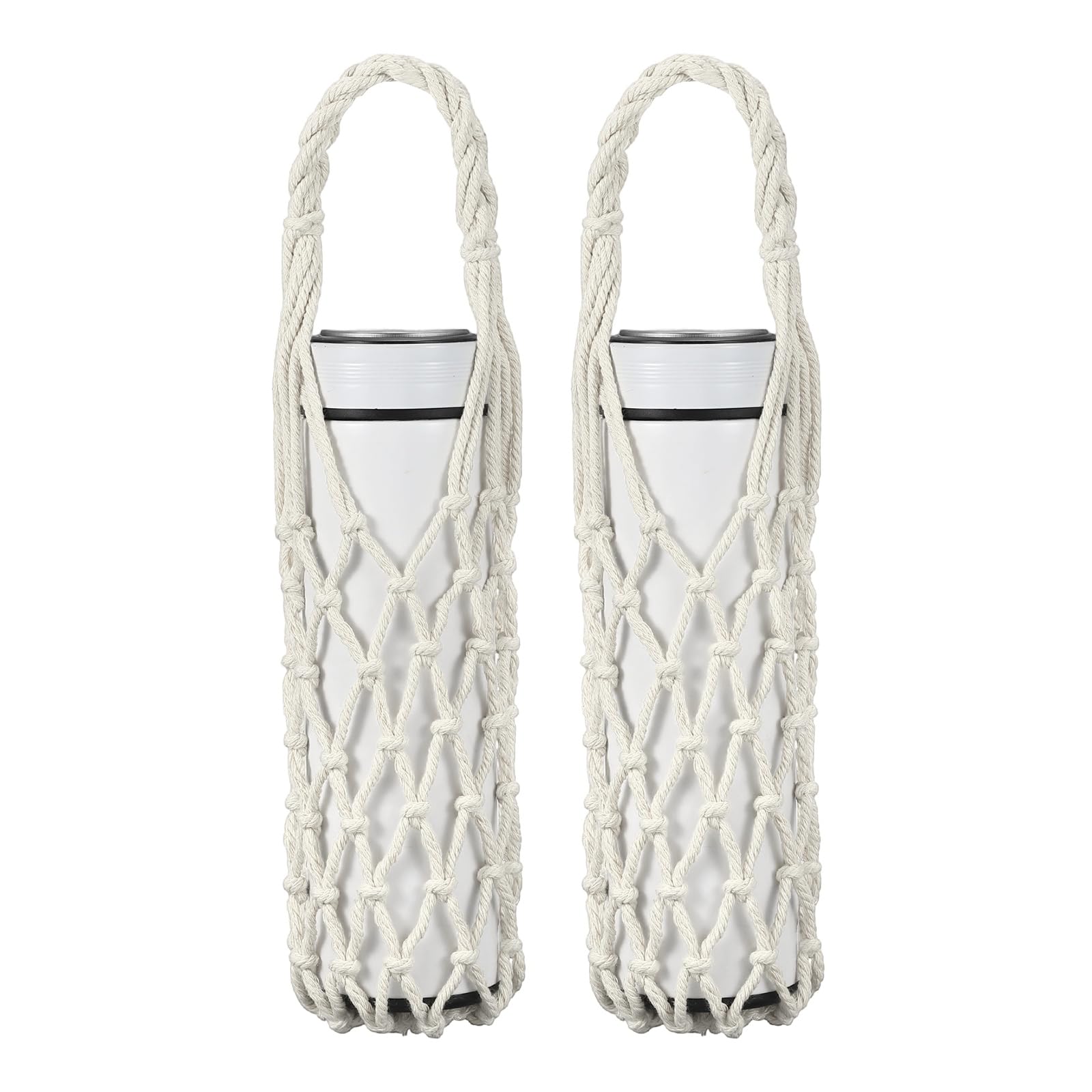 YELARXI 2Pcs Crochet Water Bottle Carrier Bag, Handwoven Cotton Rope Cup Holder with Braided Handle, Reusable Handheld Water Bottle Bag for Hiking Travel Shopping Accessories (Beige)
