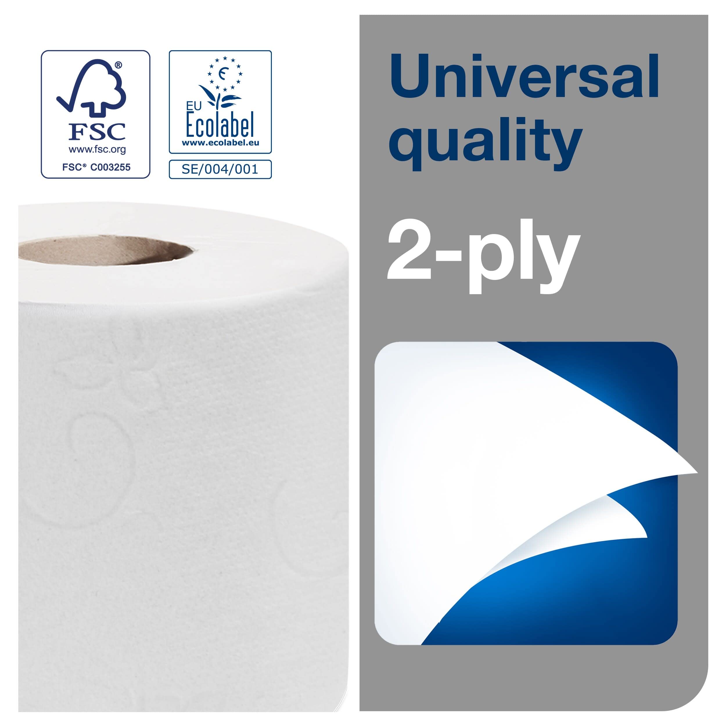 Tork 120776 Rollos de papel higiénico Universal suave T4 / Rollos wc de 2 capas compatibles con el sistema higiénico de rollos pequeños Tork T4, 30 rollos x paquete