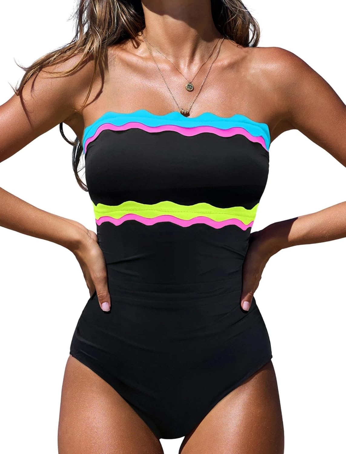 popvil One Piece Swimsuits for Women Tummy Control Strapless Bathing Suits 2026 Neon Bandeau Swimwear