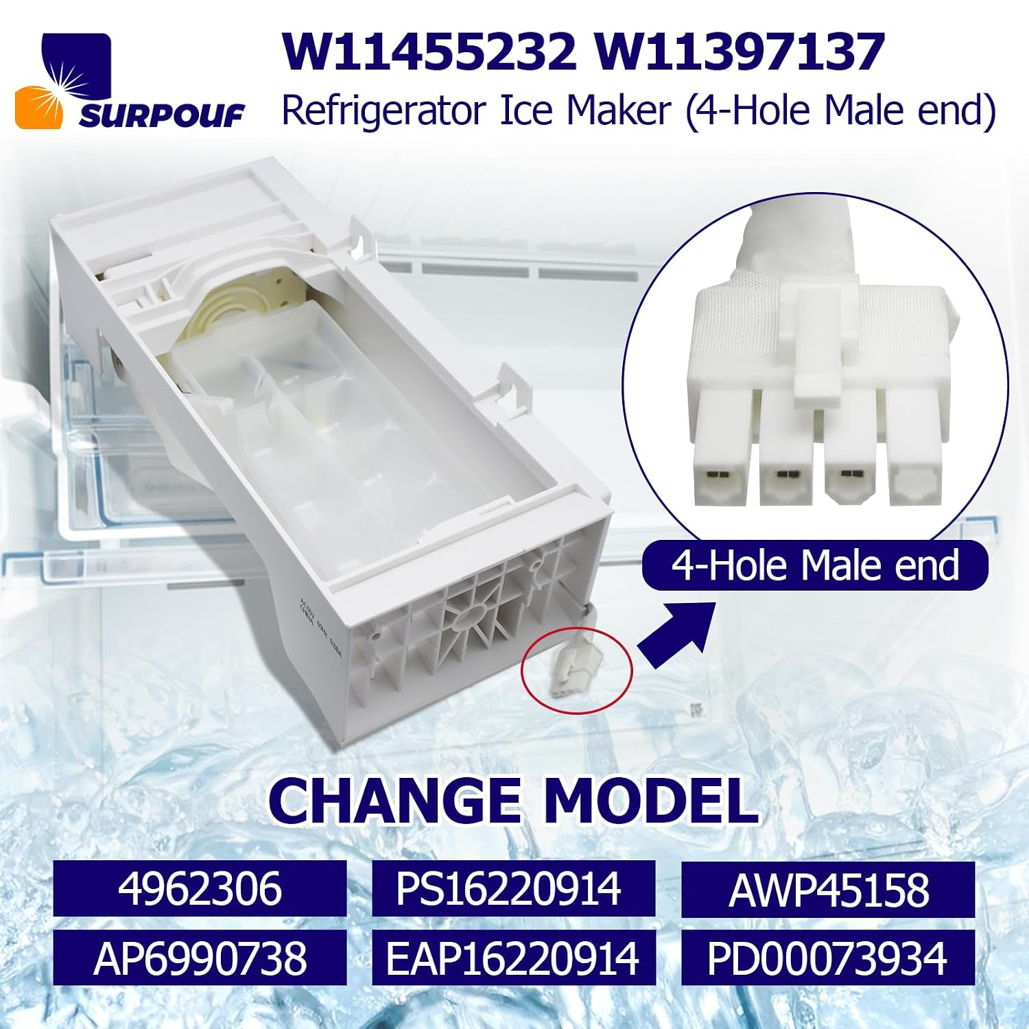 W11455232 W11397137 Refrigerator Ice Maker Compatible with Whirlpool KitchenAid Replacement 4962306 PS16220914 AWP45158 AP6990738 EAP16220914 PD00073934（4-Hole Male end）