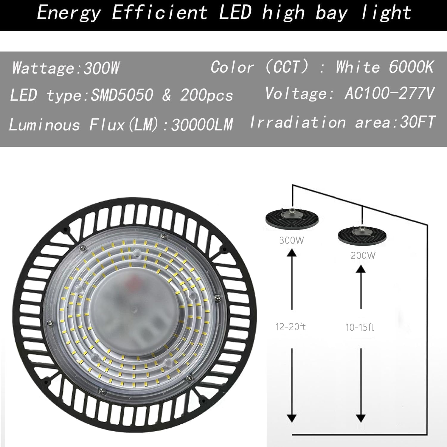 300W-6Pack UFO LED High Bay Light 30000lm 6000K Daylight 2000W Equivalent with US Plug Cable LED Garage Lights — view 6