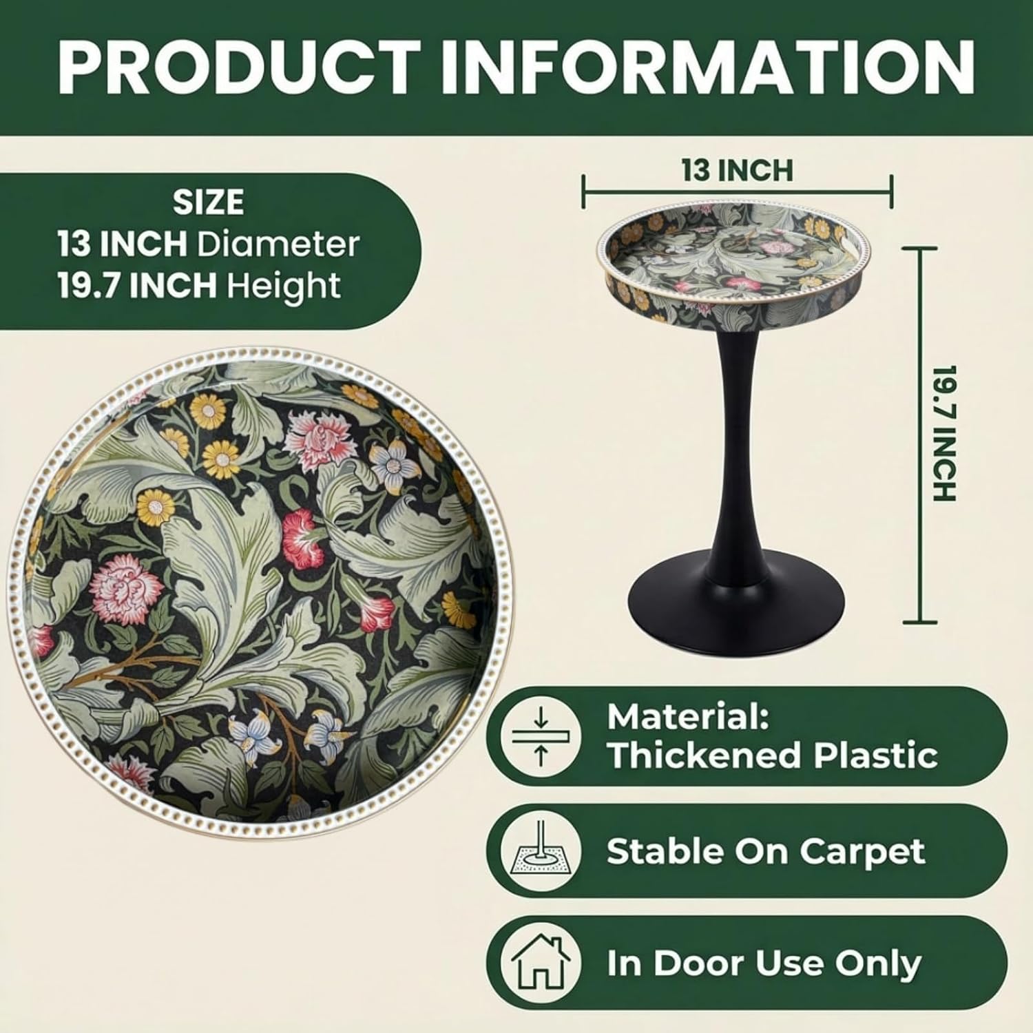 Gesodant Boho Chic Round Side Table, 13" Artistic Patterned Small Drink Table with Glossy Tray Top, Stable Hourglass Pedestal Base, Unique Plastic End Table for Living Room, (William Morris)