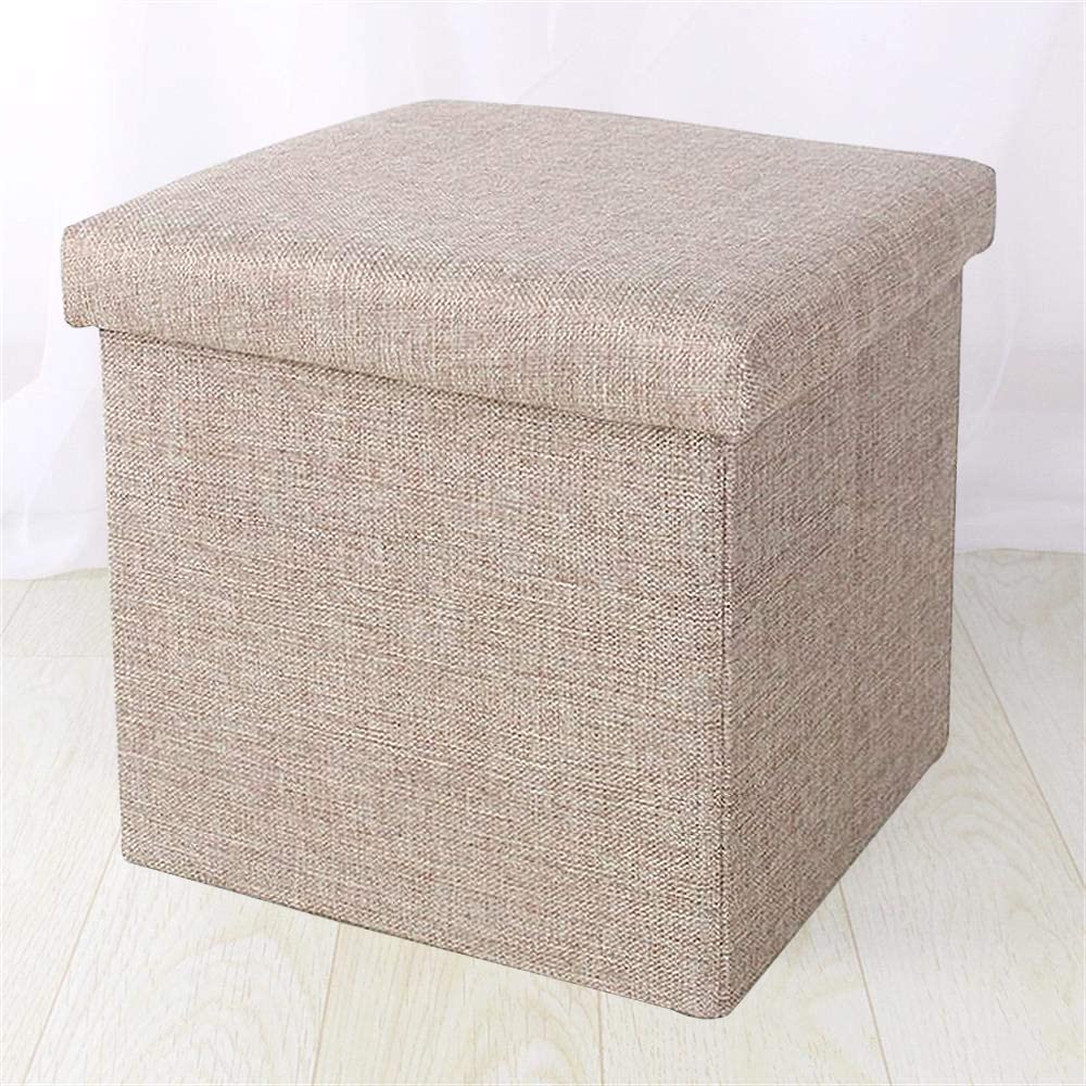 Home Foldable Tufted Linen Storage Ottoman Square Cube Foot Rest Stool/Seat - 11.8" x 11.8" x 11.8" (Grey Blue Brown)