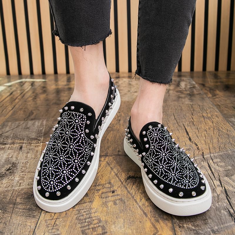 Luxury Men Tide Leather Casual Shoes Embroidery Twinkling Rhinestone Rivet Flat Shoes Leisure Sneakers Loafers3
