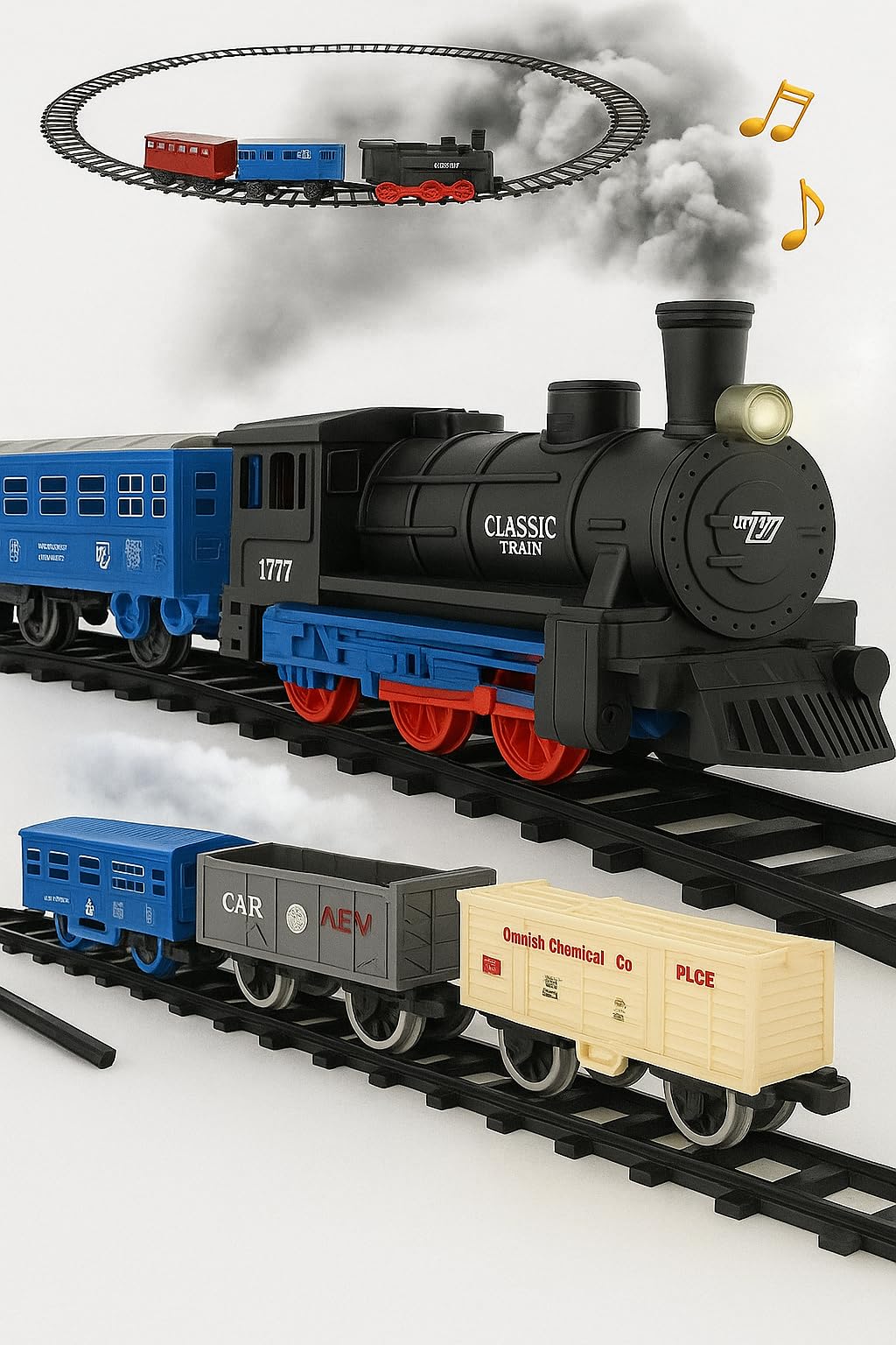 A2Z 4 Kids Classic Train Set Battery Operated Toy Train Set With Light and Sound Locomotive Train and 4-Carriages Set Exciting Easy to Assemble Approx 2-Meter Slot Together Track Set