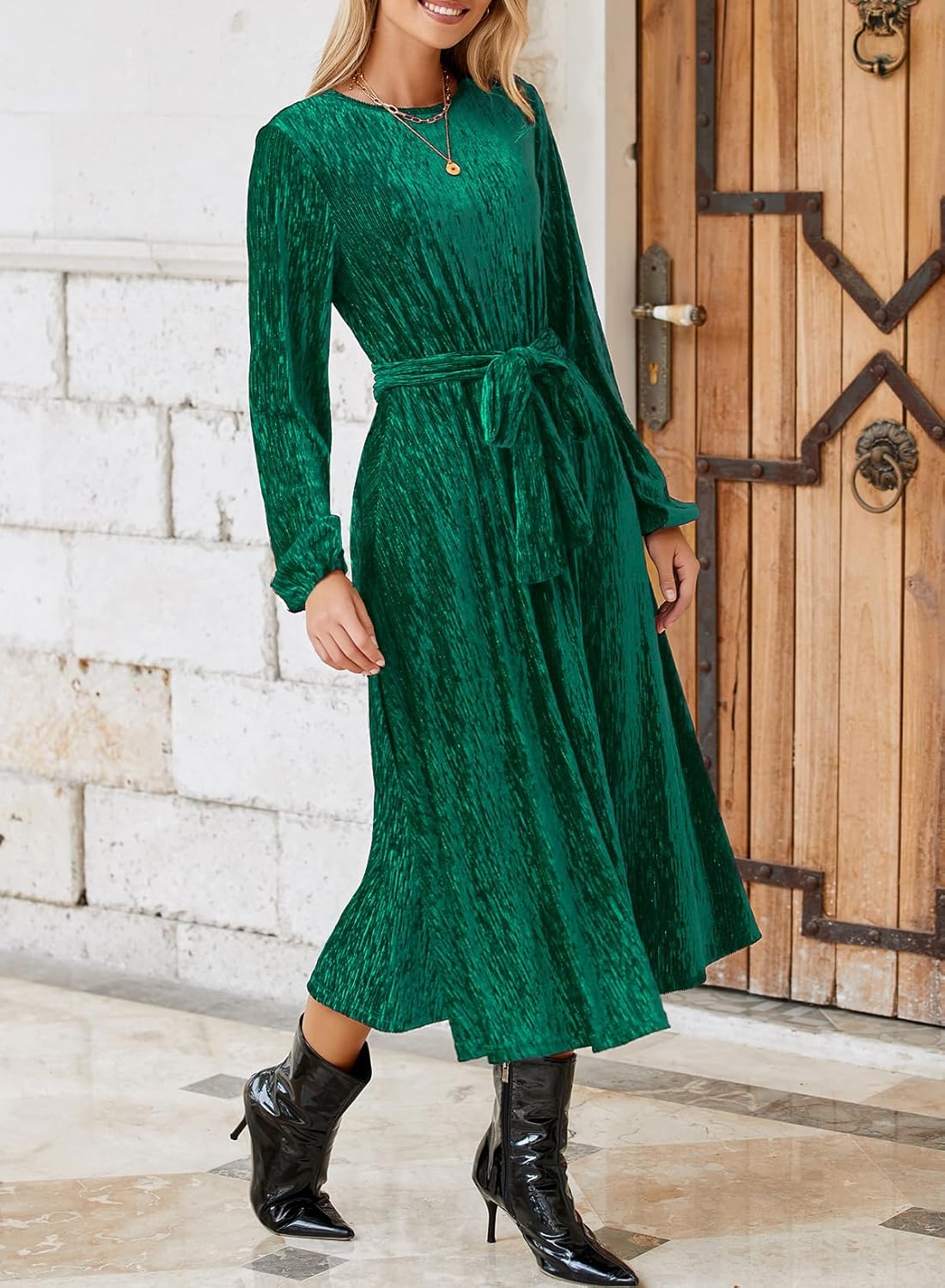 Happy Sailed Women's Velvet Dress Fashion Fall Winter Long Sleeve High Waist A-Line Semi Formal Wedding Guest Dresses - Image 4