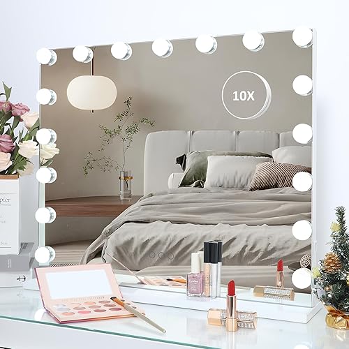 HOMPEN Hollywood - Espejo de maquillaje con luces, pantalla táctil, 3 modos de color, espejo de mesa sin marco con 17 bombillas regulables, color