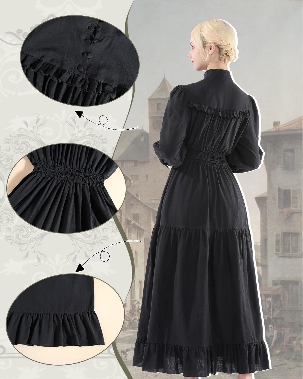 CR ROLECOS Abito medievale vintage vittoriano, da donna, a maniche lunghe, linea ad A, colletto alto, per il tempo libero, abito goth