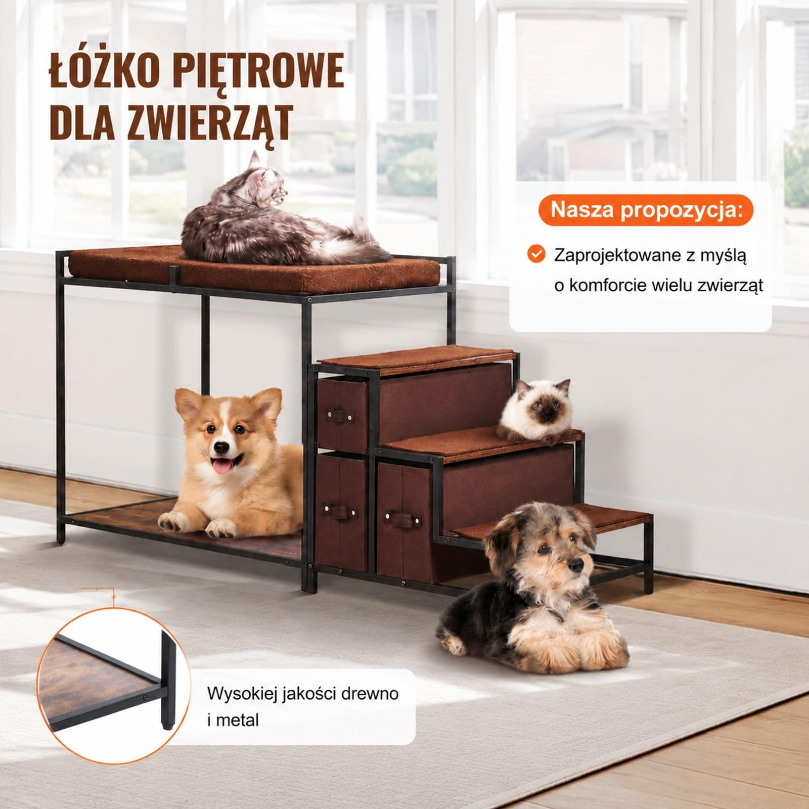 Łóżko piętrowe dla zwierząt ze schodami, siedzisko przy oknie dla psów/kotów ze schowkiem, łóżko wielopoziomowe, sofa dla psa, platforma do siedzenia dla zwierząt średnich, 1245 x 500 x 660 mm