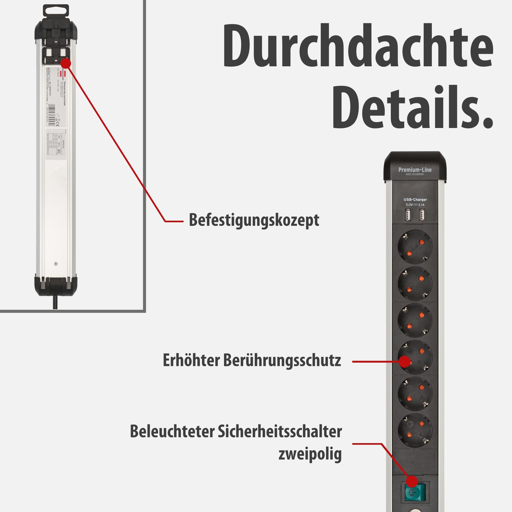 Brennenstuhl Premium-Alu-Line Steckdosenleiste 6-Fach mit USB C, 3m | Mit USB C PD 30W und USB A 18W aus Aluminium, Made in Germany, Mehrfachsteckdose mit Schalter, Steckerleiste zur Wandmontage