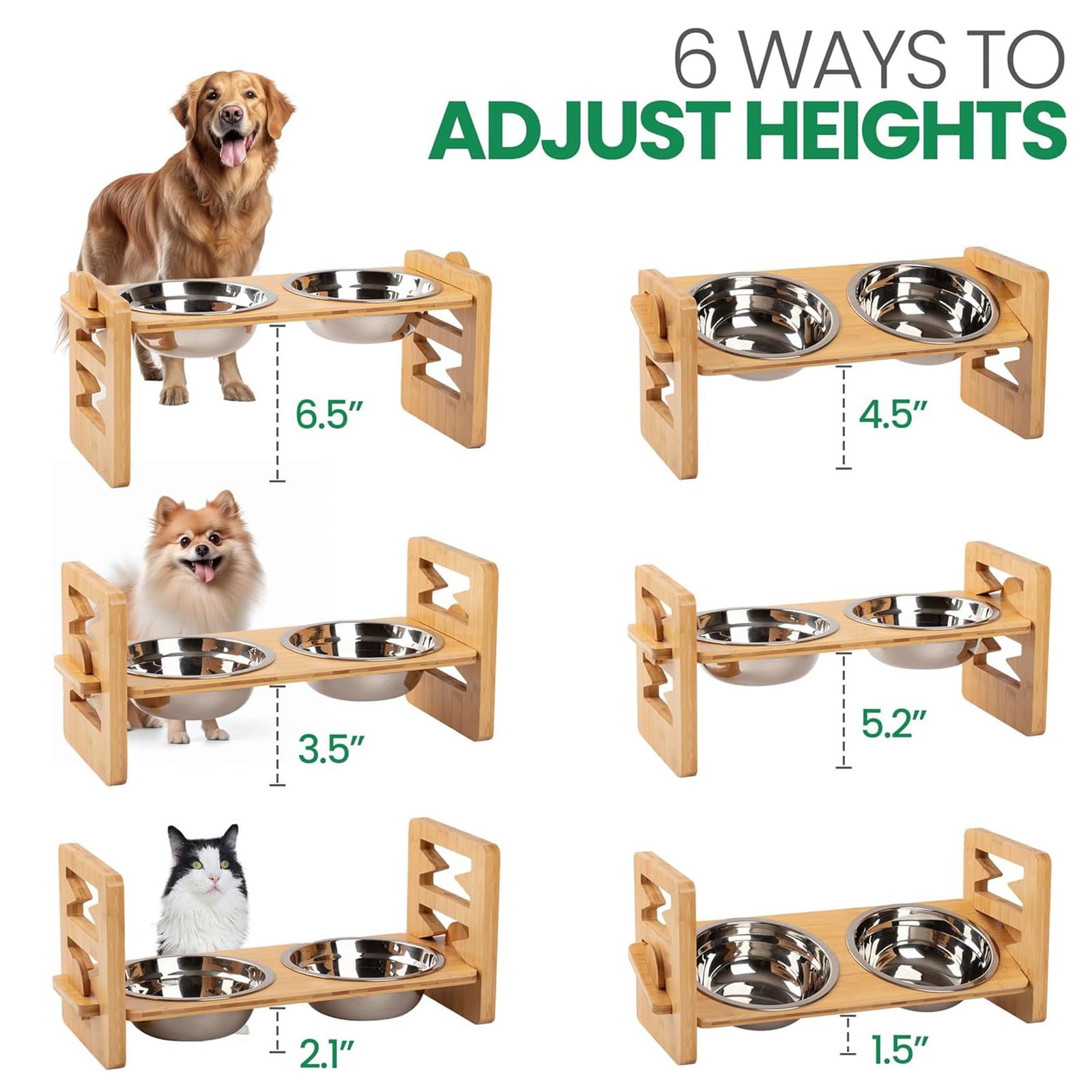 Gamelles surélevées pour chien, gamelles surélevées en bambou avec 2 gamelles pour chien en acier inoxydable, mangeoire surélevée et inclinée pour animaux de compagnie, réglable à 6 hauteurs