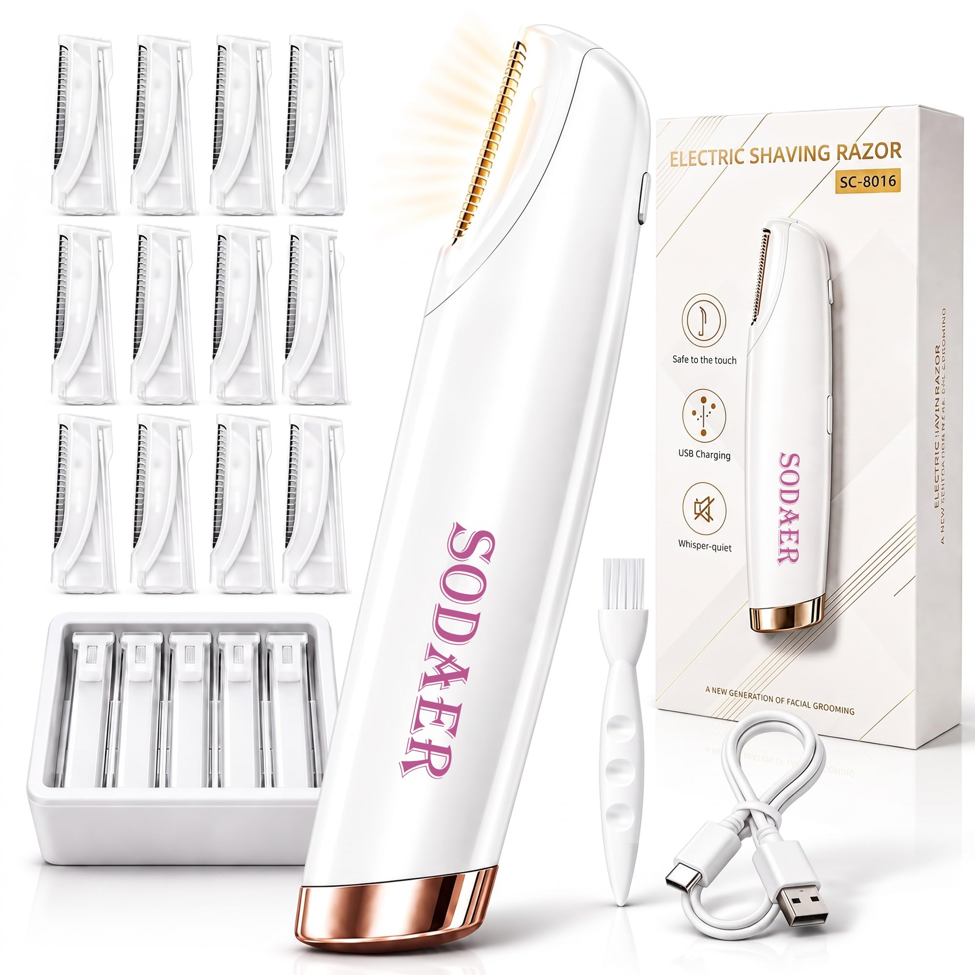 Sonic Dermaplaning Rasoir pour femme, épilateur facial avec lumière LED, blanc