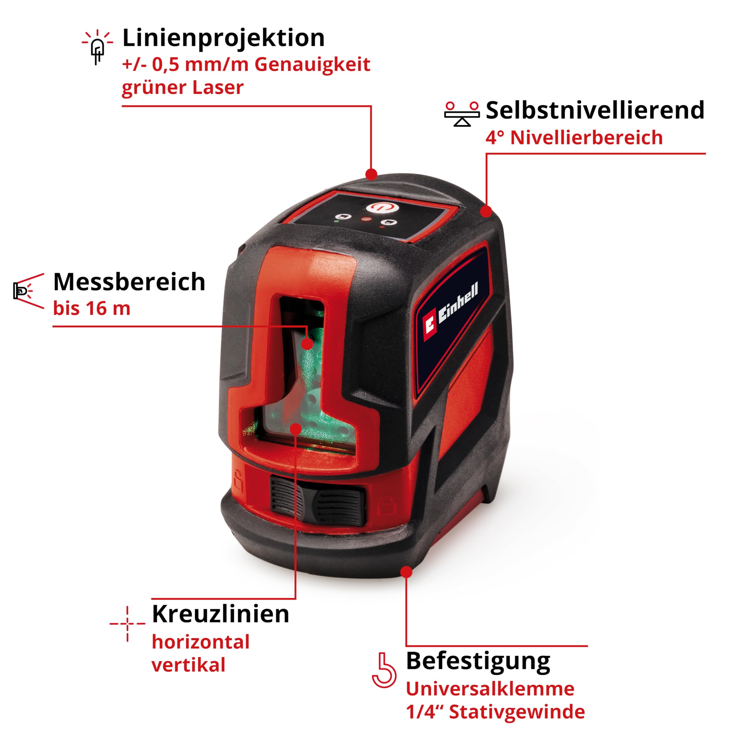 Einhell Kreuzlinienlaser TC-LL 2 G (selbstnivellierend, horizontale/vertikale grüne Laserlinien, digitale Wasserwaage, 1/4" Stativgewinde, inkl. Tasche & Universalklemme)