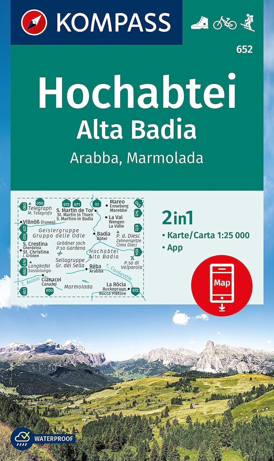 Hochabtei / Alta Badia / Arabba / Marmolada (652): markierte Wanderwege, Hütten, Fahrradwege, inklusive Karte zur offline Verwendung in der KOMPASS-App