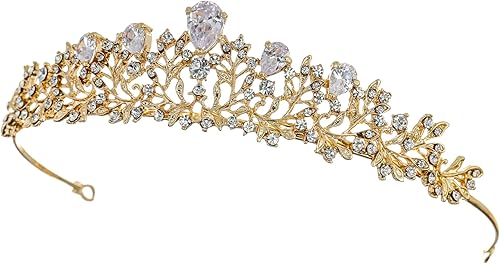 Miniatura 2 de Samky Tocado nupcial de boda de oro, corona de diamantes de imitación, accesorios para el cabello de cristal para la novia, Metal, Cristal
