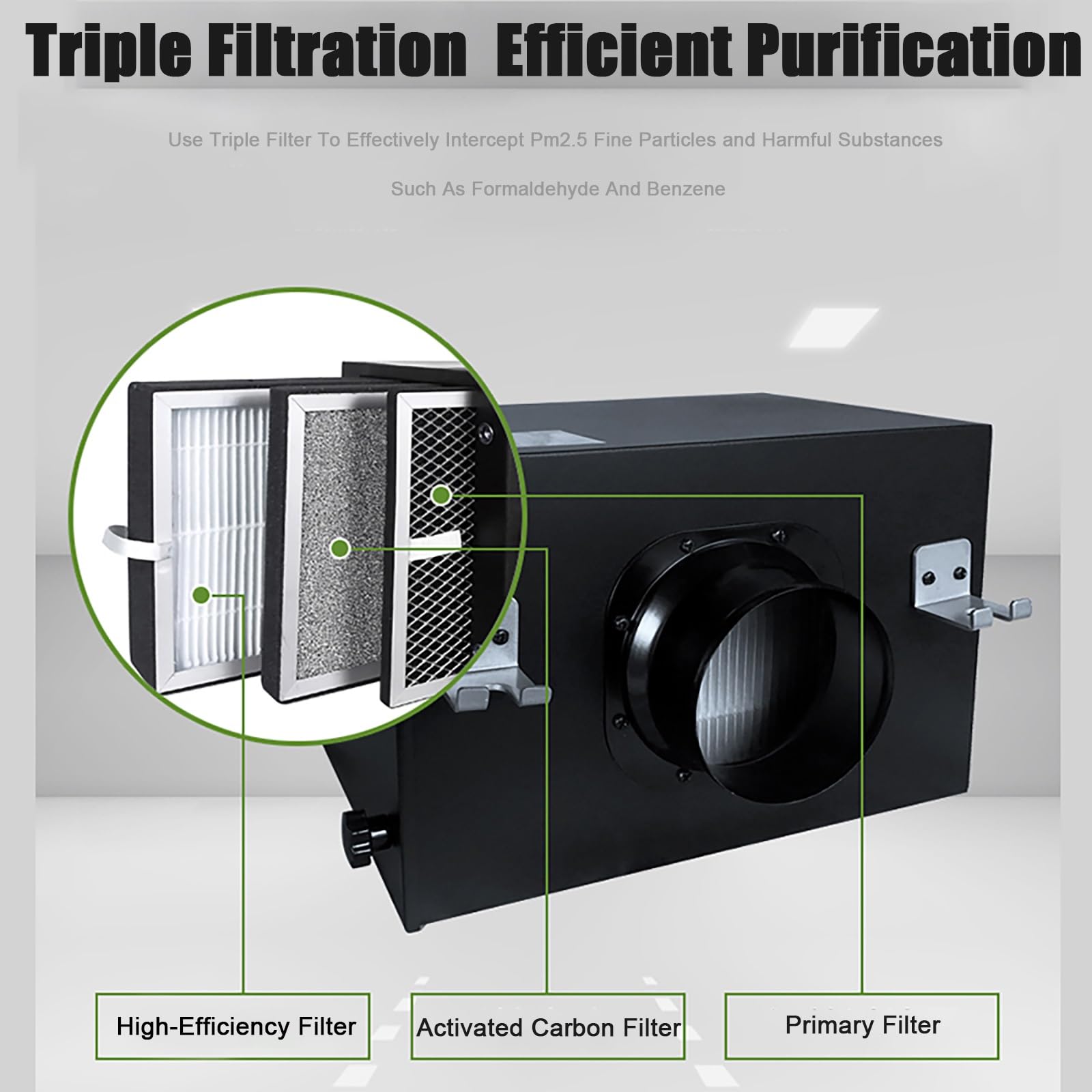 313/5,000 Caja de filtro purificador de 3 capas, filtro de aire con filtro HEPA y de carbón de alta eficacia, compatible con ventiladores de conducto en línea de 4 pulgadas