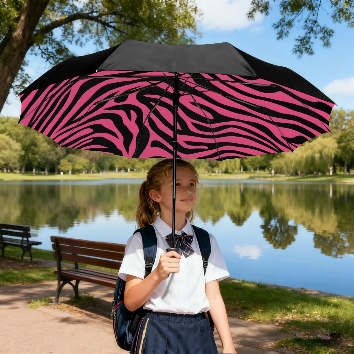 Animal Zebra Stripes Pattern Folding Umbrella Windproof Compact Lightweight Travel Umbrella with 8 Reinforced Ribs, Portable UV Sun & Rain Protection for Men & Women