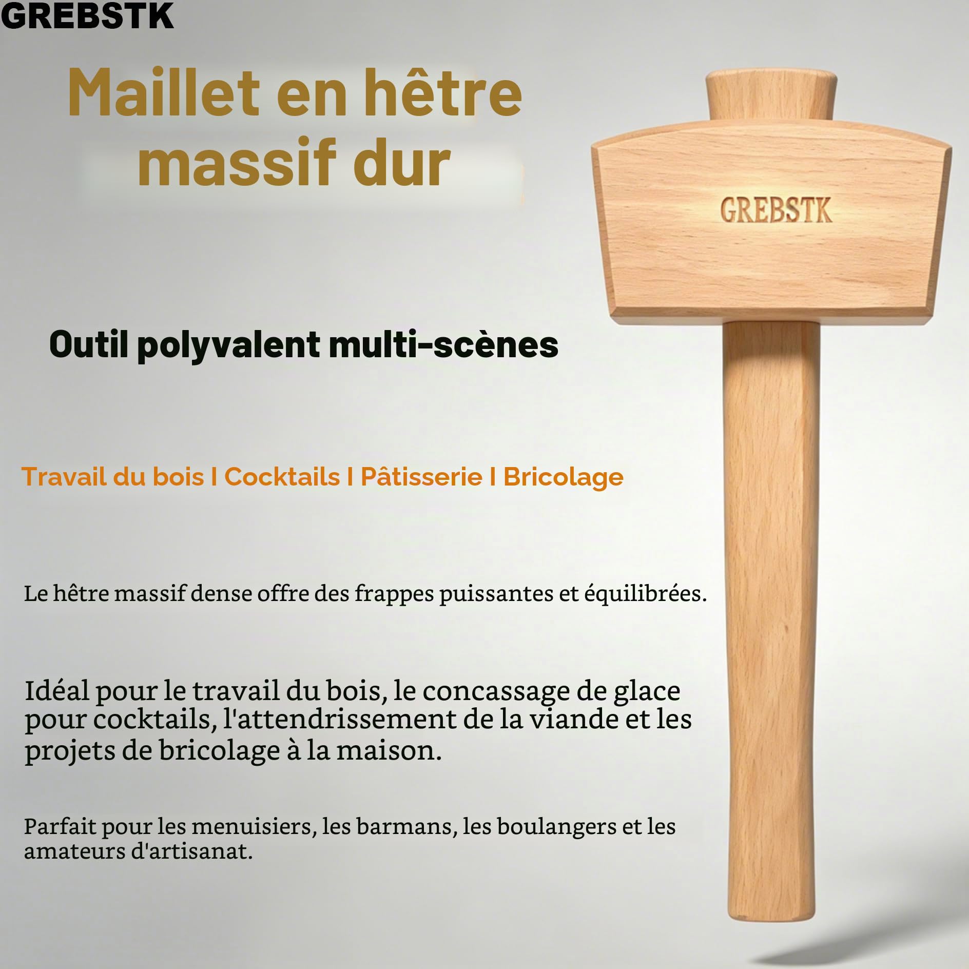 GREBSTK Maillet en bois de hêtre massif 30,5 cm