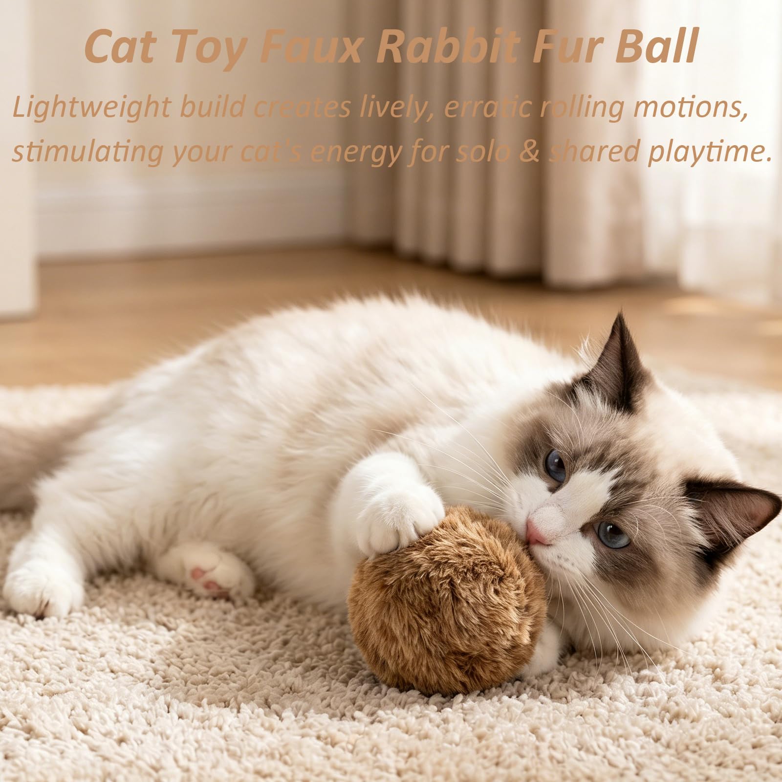 Katzenspielzeug aus Kaninchenfell, Premium, weich, flauschig, Kaninchenfell, Katzenspielzeug für Indoor-Katzen, waschbar, interaktives Katzenspielzeug, Übungsball zum Jagen, Treten und Binden