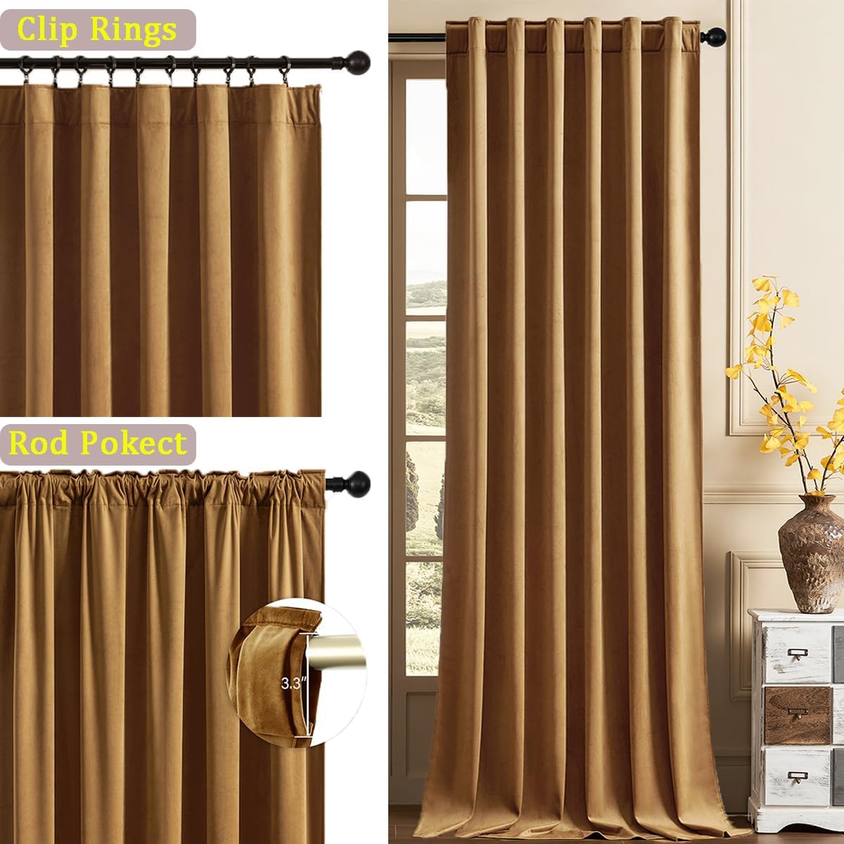 Timeper Gold Brown Velvet Curtains 84 inches 2 Panels, Light Blocking Curtains for Bedroom Living Room Thermal Insulated Luxury Super Soft Window Drapes,Back Tab & Rod Pocket,W52 x L84 inches