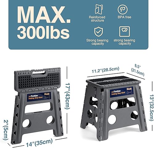 Miniatura 99 de Flottian Taburete plegable de 18 pulgadas para adultos y niños con capacidad para hasta 300 libras, taburetes plegables antideslizantes con asa,