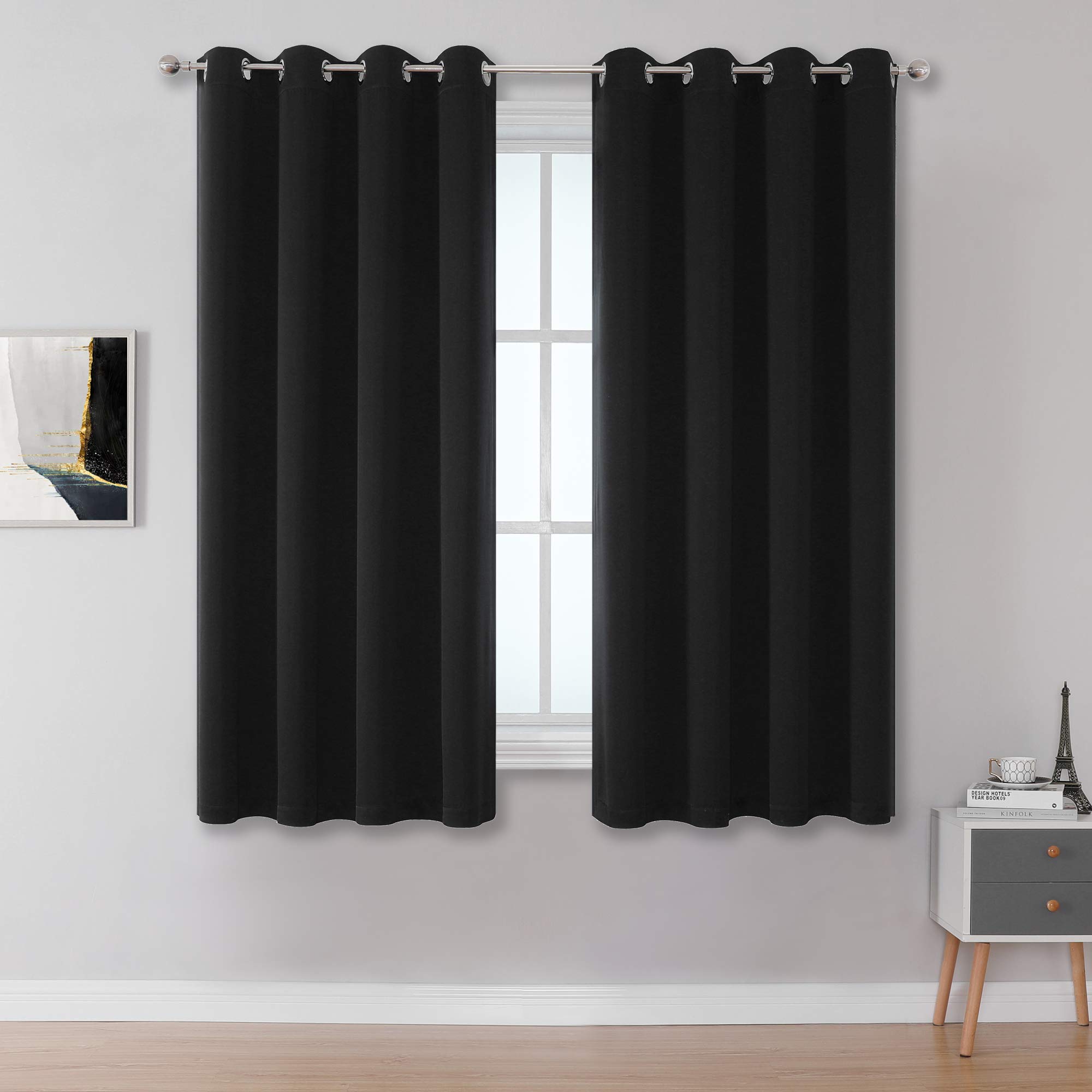 DUALIFE Black Curtains 54 Inch Length, Blackout Curtain Panels Grommet Drapes, Solid Energy Efficient Thermal Insulated Bedroom Curtains (52 x 54