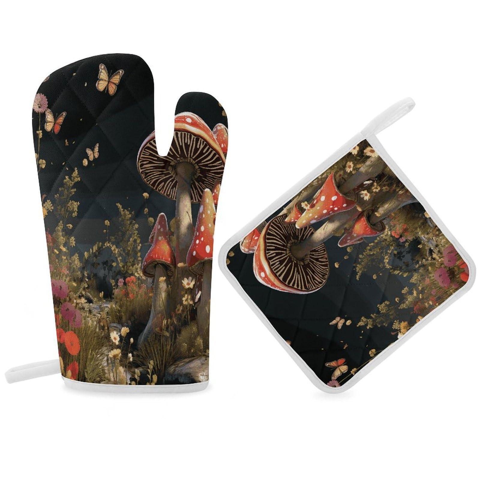 Fodpand Women's Style Fairy Tale Mushrooms Oven Mitts And Pot Holders Sets,Oven Gloves For Kitchen Oven Mitts And Potholders For Baking Cooking Grilling Apartment Essentials