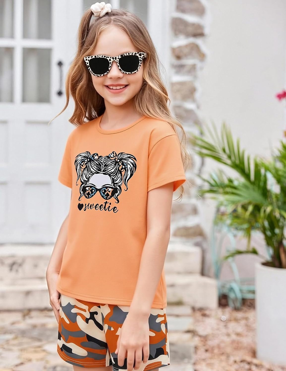 mksodopy Girls Summer Clothse Graphic Print Front and Back High and Low Irregular T-shirt Cycling Shorts Set
