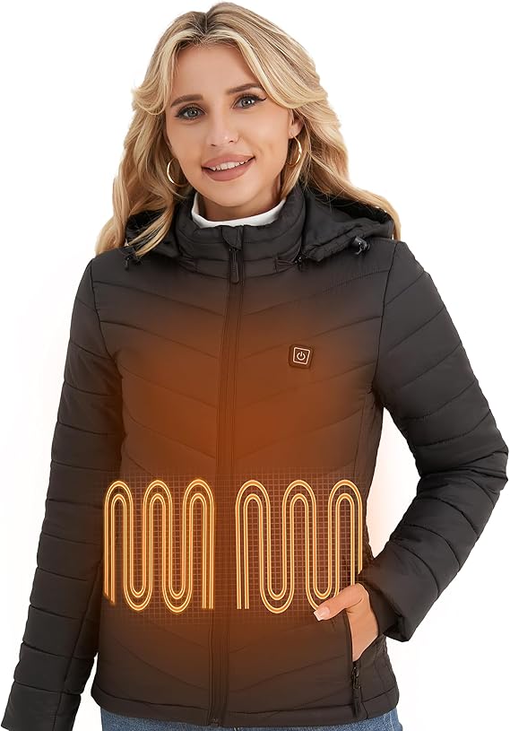 Vestego Heated Jackets for Women, Heated Jacket with 12V 20000mAh Battery Pack, 6 Heating Zones, Black