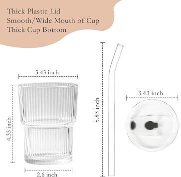 Ribbed Glass Cups with Lids and Straws 13 oz Glasses Set of 2