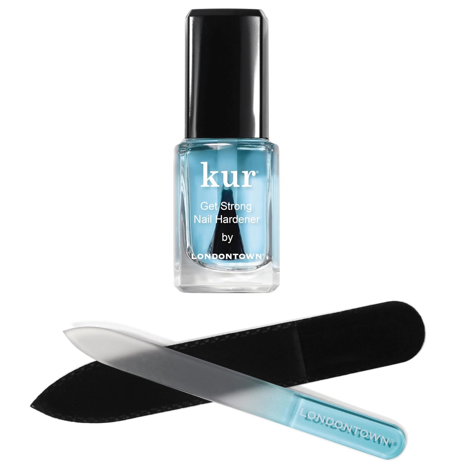 LONDONTOWN Get Strong Nail Hardener & Blue Glass Nail File Duo - Nail Strengthening Growth Treatment for Damaged Nails w Double Sided Nail Care Tool, .40fl oz