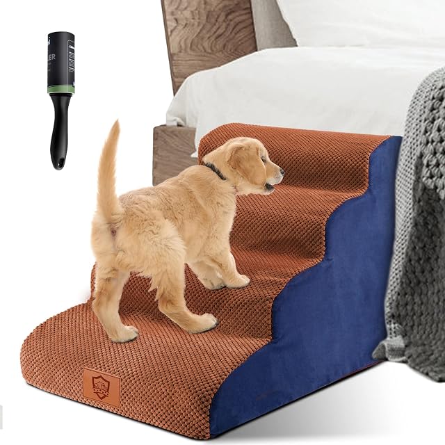 ZNM Dog Steps for Bed, 4 - step Dog Stairs with Washable Plush Cover, Foam Pet Steps for Small Dogs & Cats - Send Sticky Lint Roller