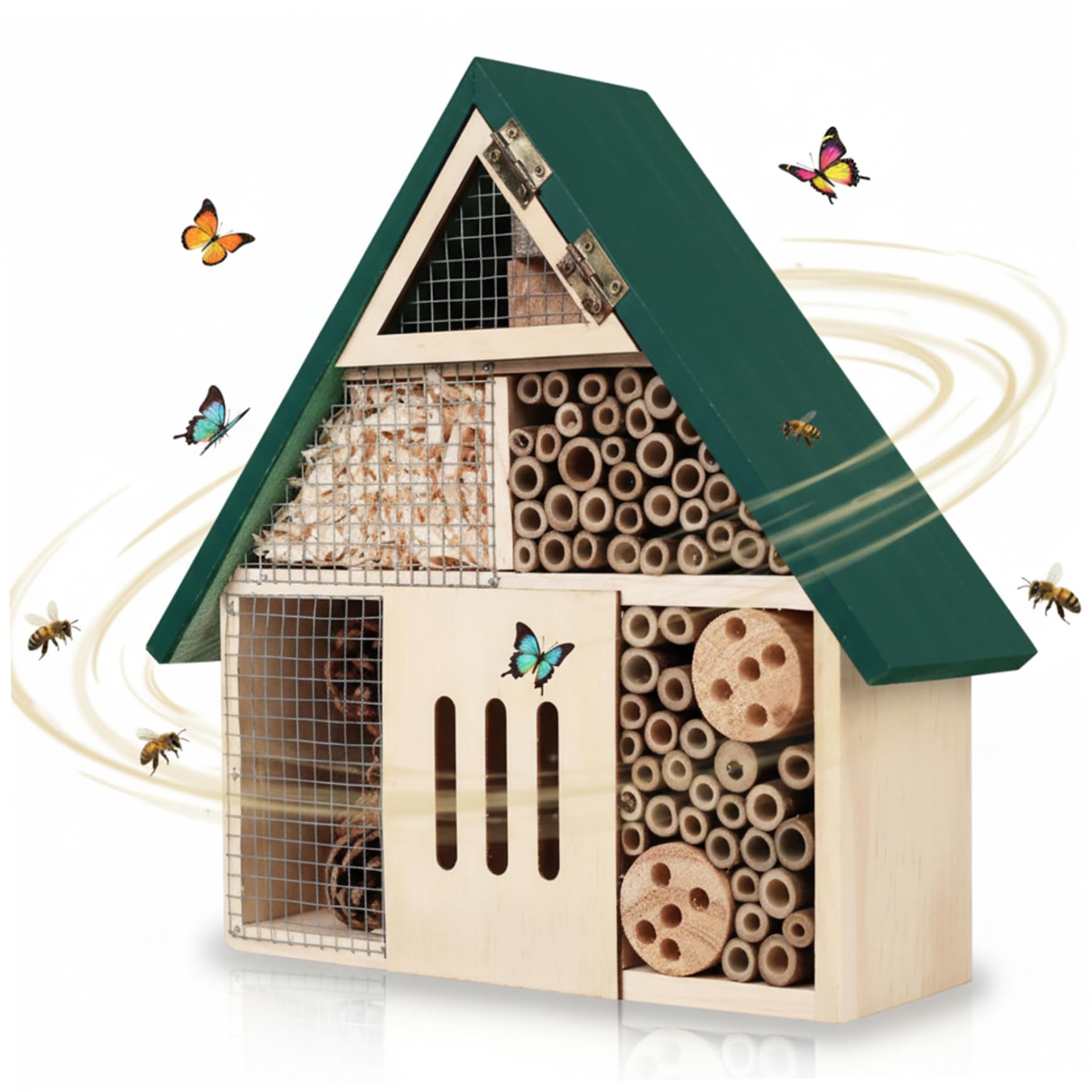 Casette per da giardino, Casetta per insetti in legno naturale con tetto verde, Habitat sospeso per muratrici, e insetti benefici, Decorazione da giardino per esterni Casetta per