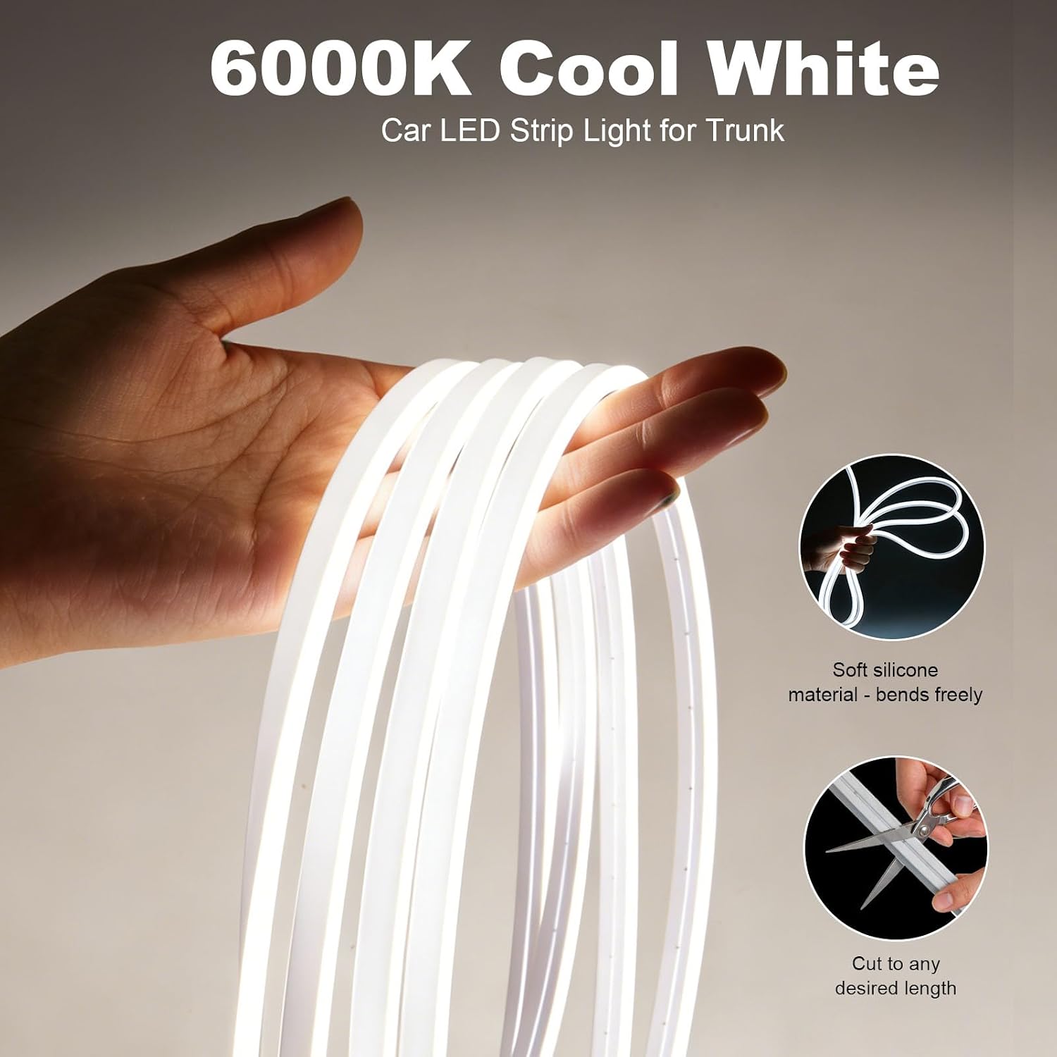Car LED Strip Lights, 4m/13.12ft Waterproof Car Trunk Light Strip, White Color 6000k, Flexible Cutting Silicone, Auto On/Off, Low Voltage 12V LED Strip Lights for Cars