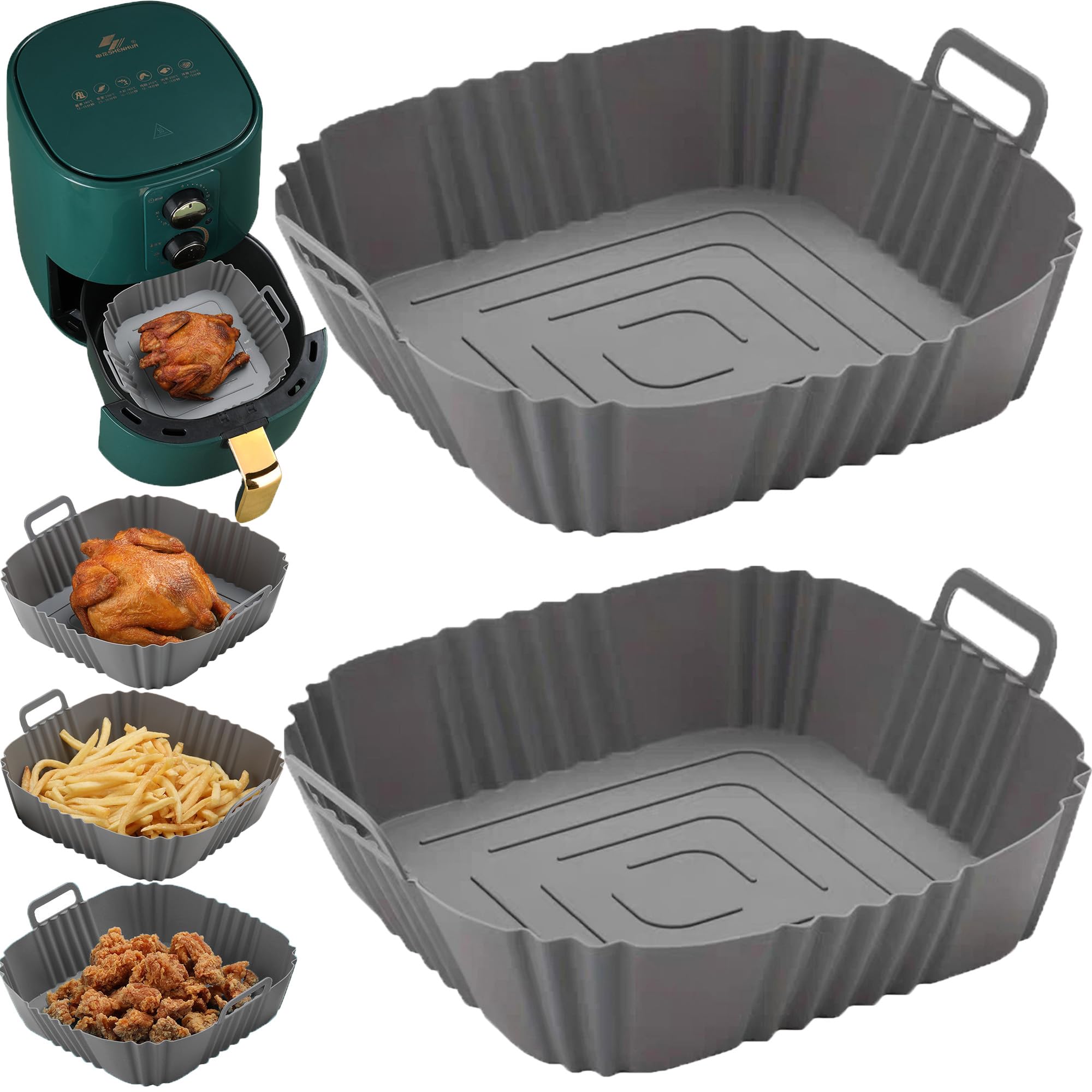 Xiciki 2pcs Square Silicone Air Fryer Liners, Reusable Silicone Pot Liner Tray, Non-Stick Air Fryer Silicone Liners for Basket Accessories, Replacement for Parchment Paper